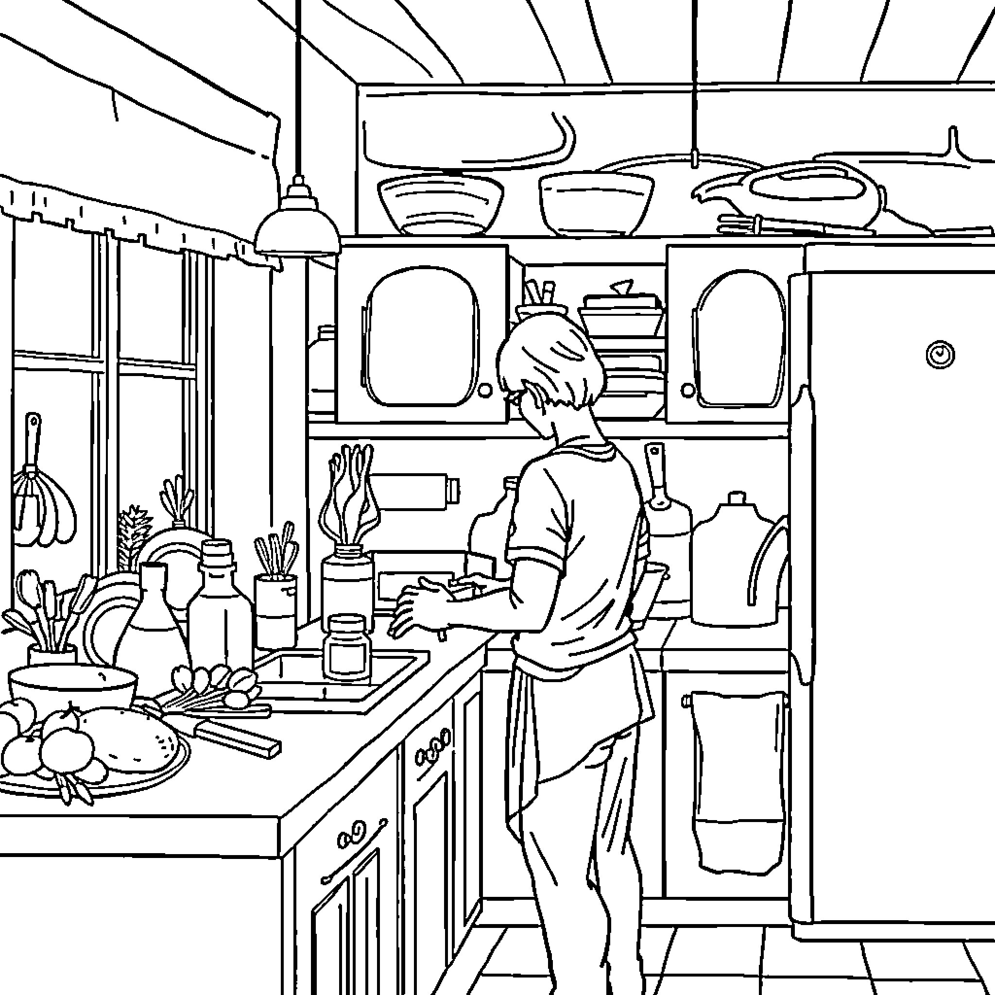 Kitchen Workspace with Focused Chef Preparing Meal Coloring Page (free black-and-white line drawing printable PDF for all, from beginners to advanced learners, including children, teens, adults, and seniors)