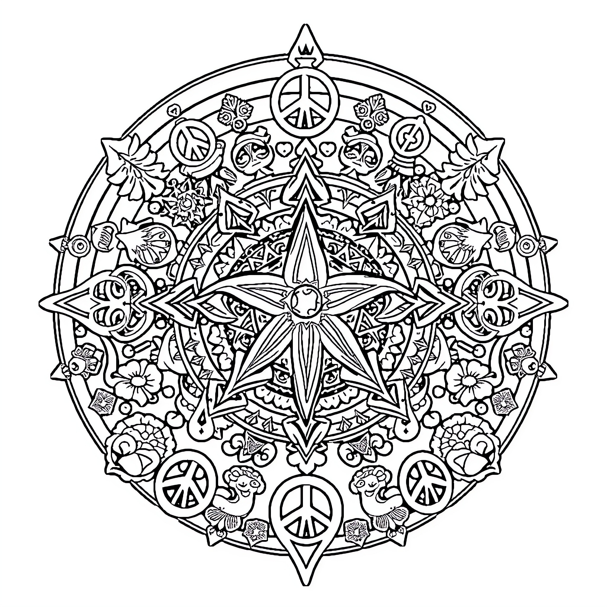 Hippie Mandala with Peace Symbols and Floral Motifs Coloring Page (free black-and-white line drawing printable PDF for all, from beginners to advanced learners, including children, teens, adults, and seniors)