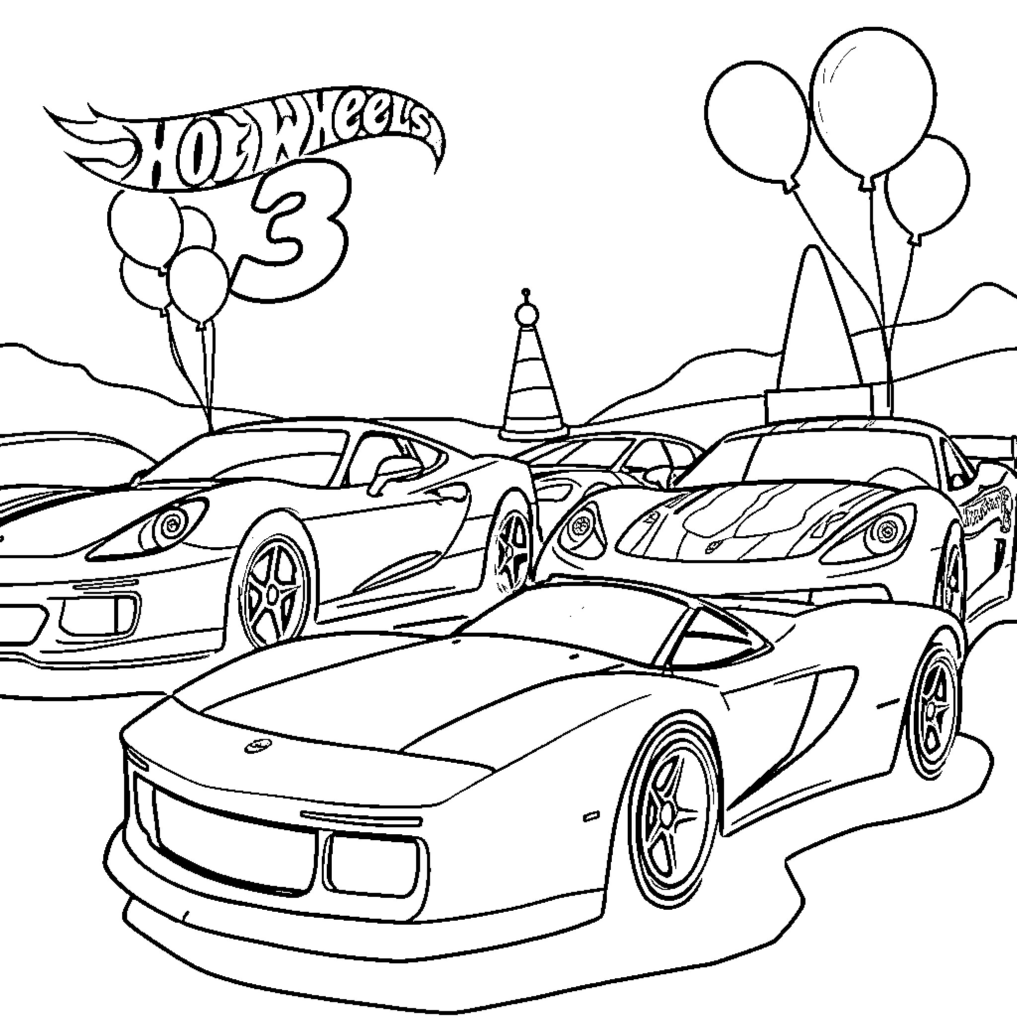 Hot Wheels racing cars with balloons Coloring Page (free black-and-white line drawing printable PDF for all, from beginners to advanced learners, including children, teens, adults, and seniors)
