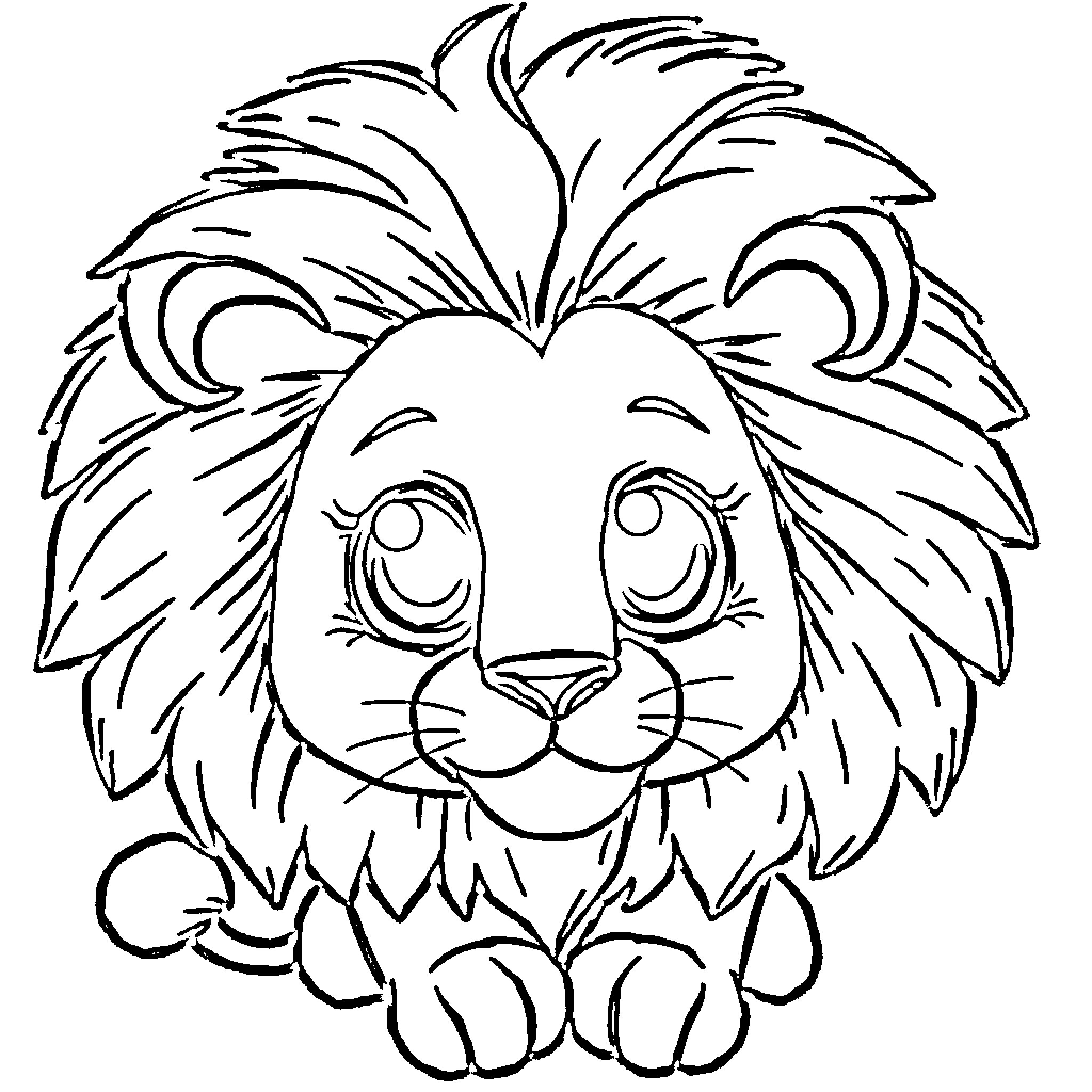 Lion cub with a cute expression Coloring Page (free black-and-white line drawing printable PDF for all, from beginners to advanced learners, including children, teens, adults, and seniors)