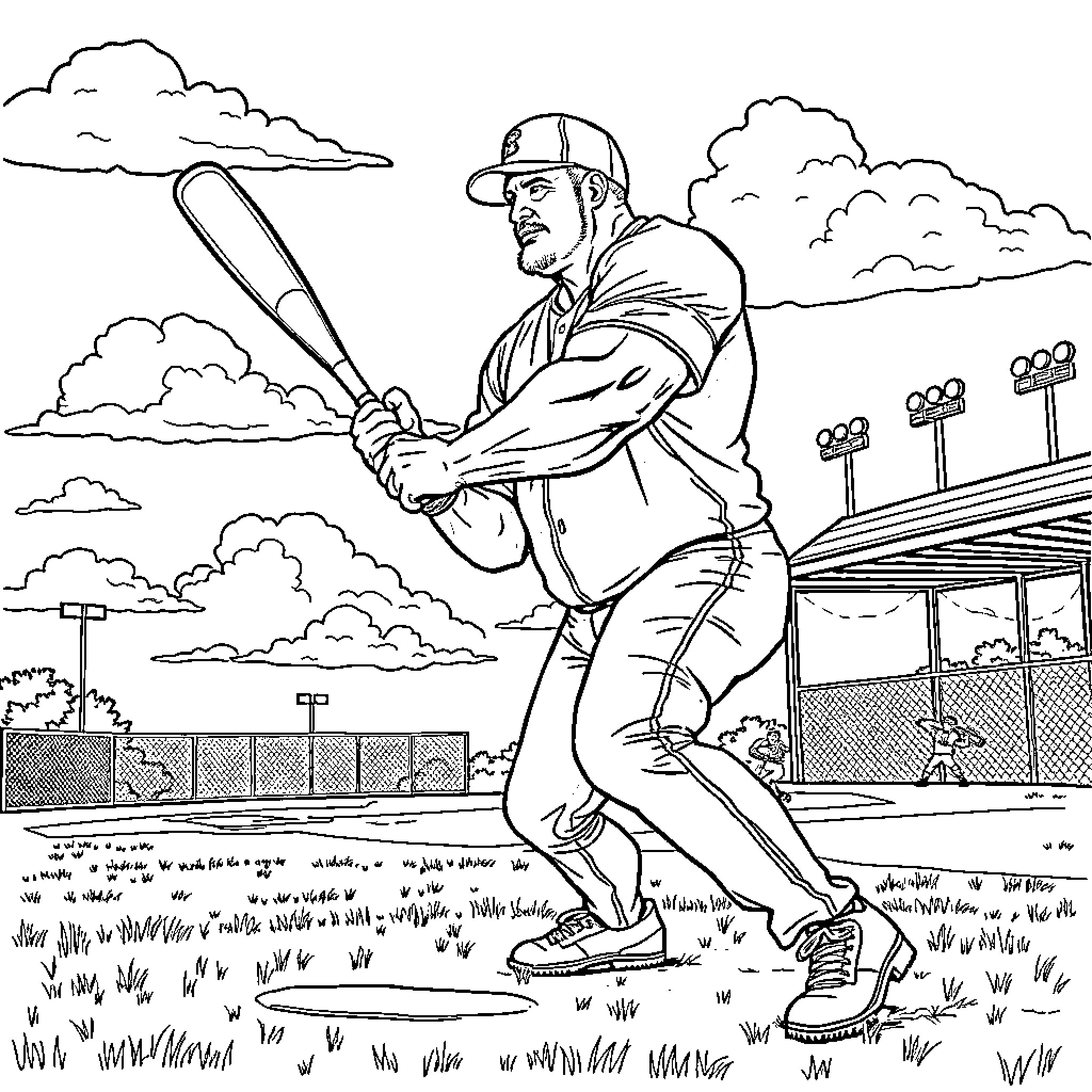 Man batting baseball in sports stadium Coloring Page (free black-and-white line drawing printable PDF for all, from beginners to advanced learners, including children, teens, adults, and seniors)