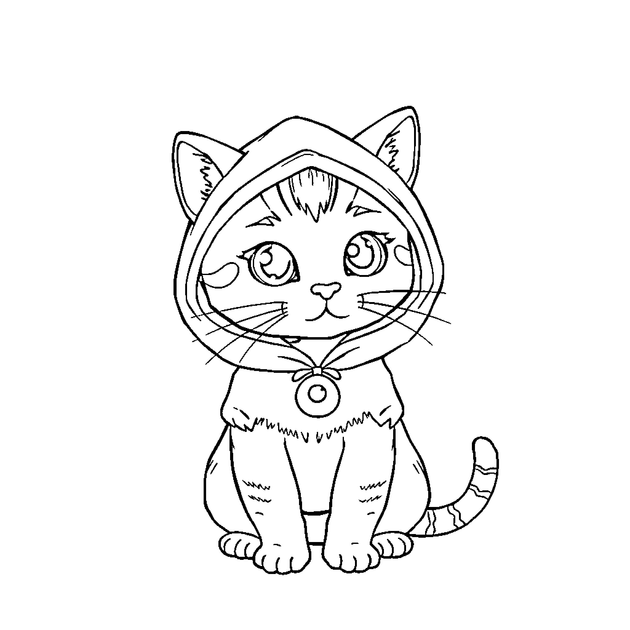 Cat wearing a hooded costume Coloring Page (free black-and-white line drawing printable PDF for all, from beginners to advanced learners, including children, teens, adults, and seniors)