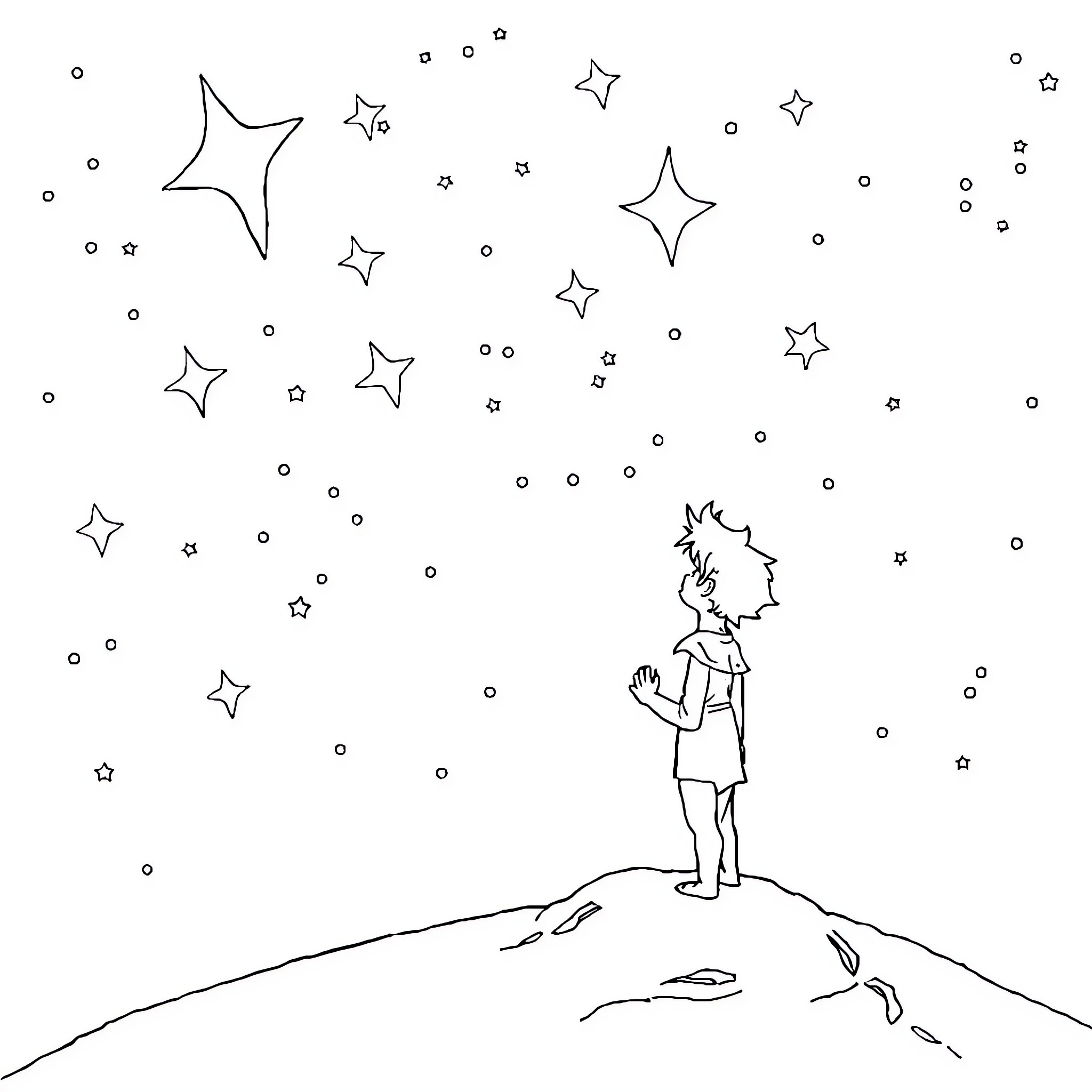 Prince Gazes Curiously at Twinkling Stars in the Night Sky Coloring Page (free black-and-white line drawing printable PDF for all, from beginners to advanced learners, including children, teens, adults, and seniors)