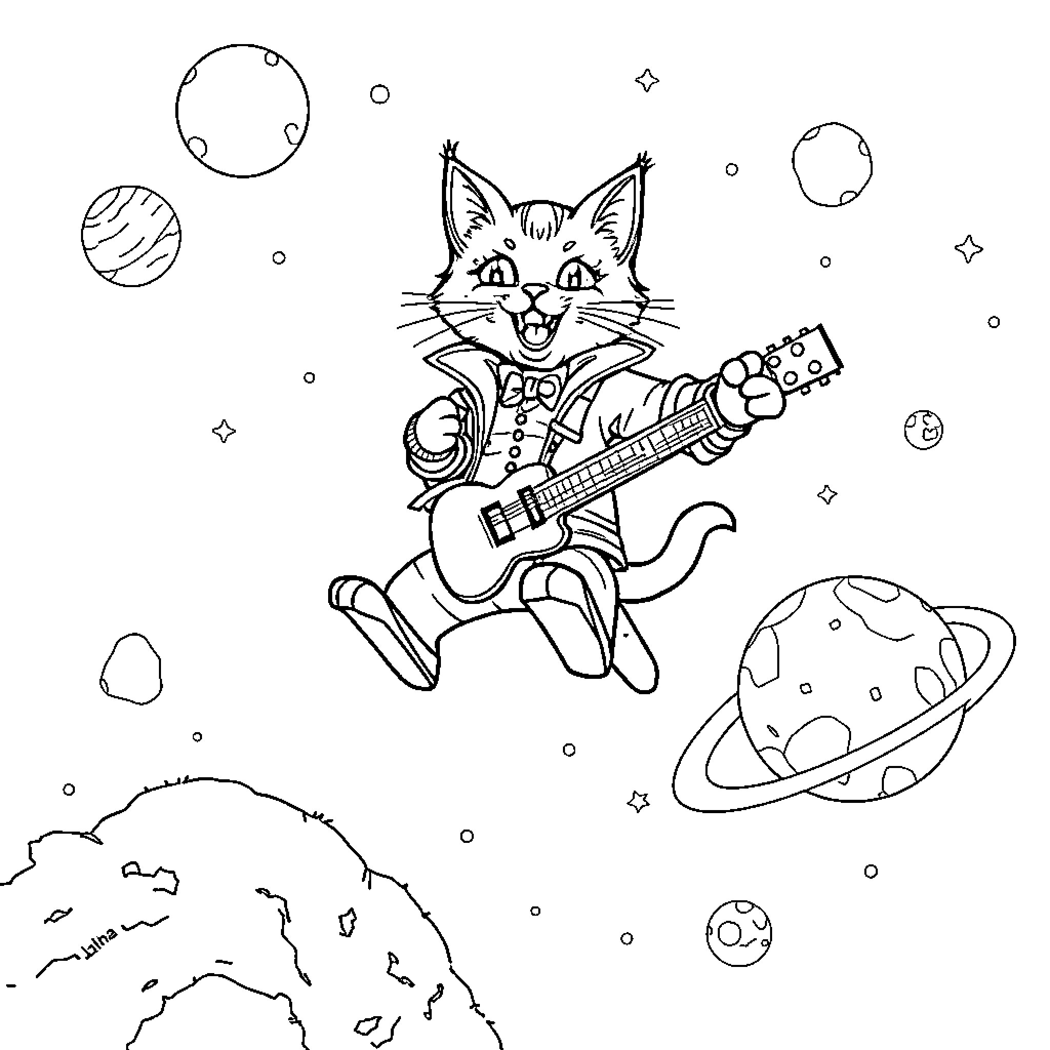 Cat playing guitar in outer space Coloring Page (free black-and-white line drawing printable PDF for all, from beginners to advanced learners, including children, teens, adults, and seniors)
