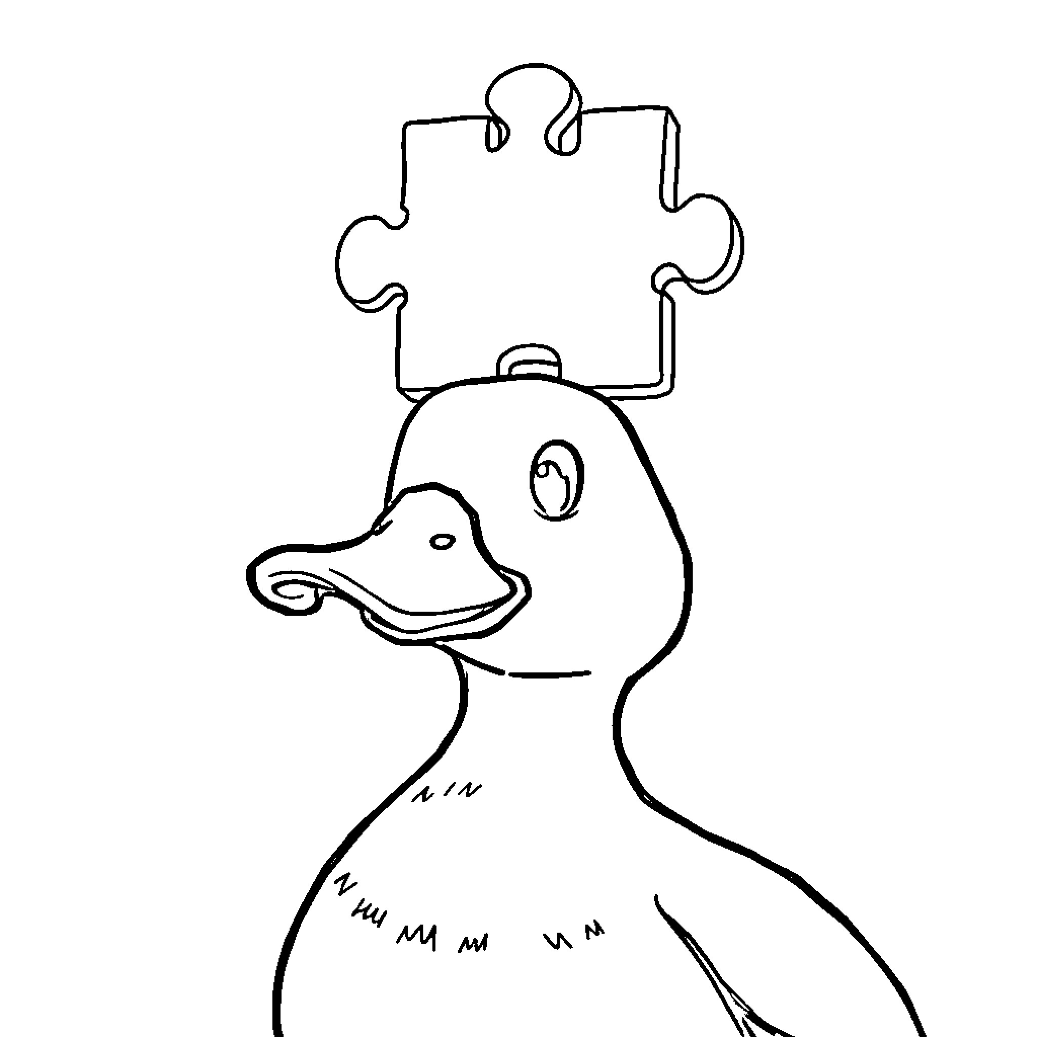 Psyduck with Puzzle Piece on Head Coloring Page (free black-and-white line drawing printable PDF for all, from beginners to advanced learners, including children, teens, adults, and seniors)