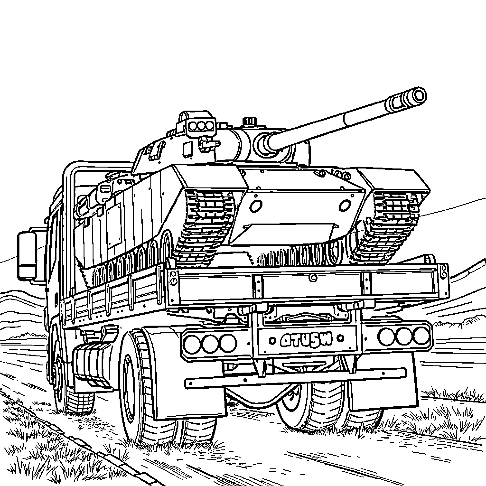 Tank Traversing Rugged Terrain with Heavy Armament Coloring Page (free black-and-white line drawing printable PDF for all, from beginners to advanced learners, including children, teens, adults, and seniors)