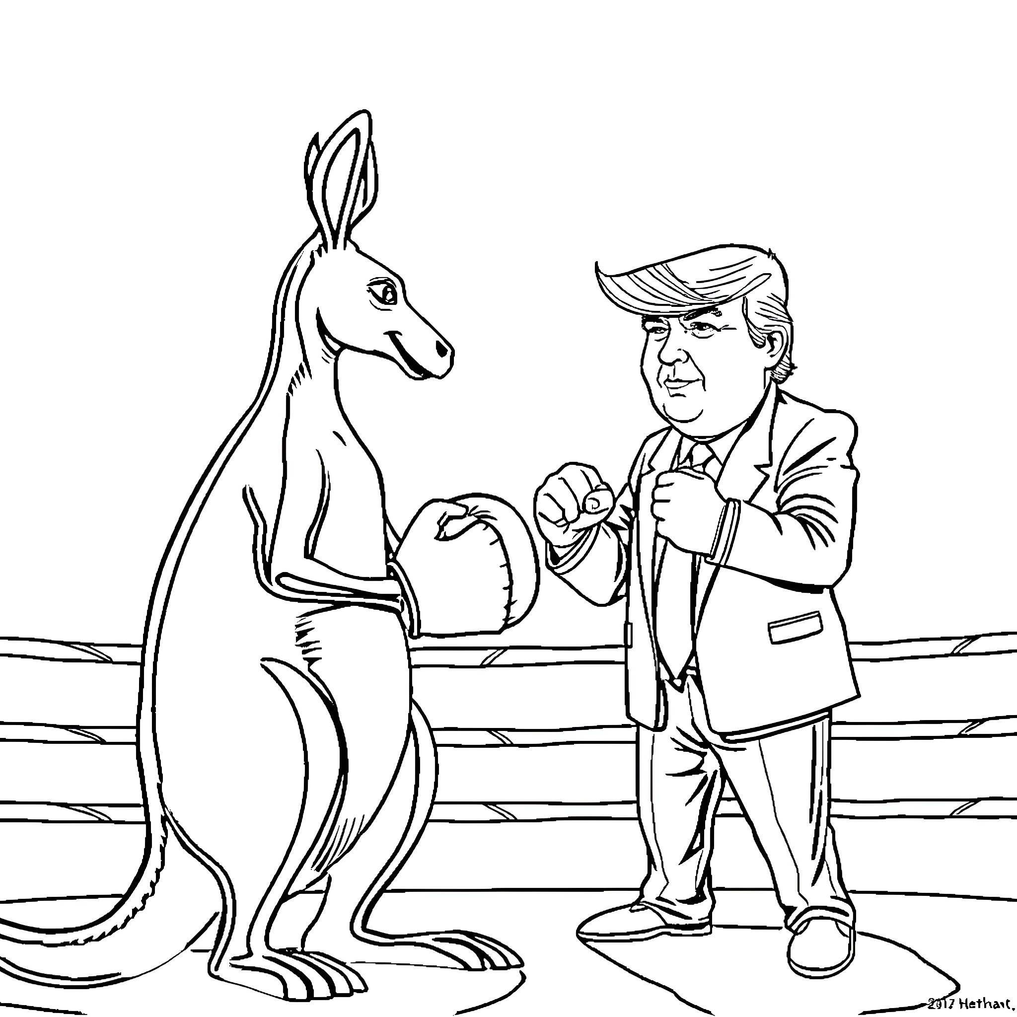 Kangaroo and politician meet unexpectedly Coloring Page (free black-and-white line drawing printable PDF for all, from beginners to advanced learners, including children, teens, adults, and seniors)