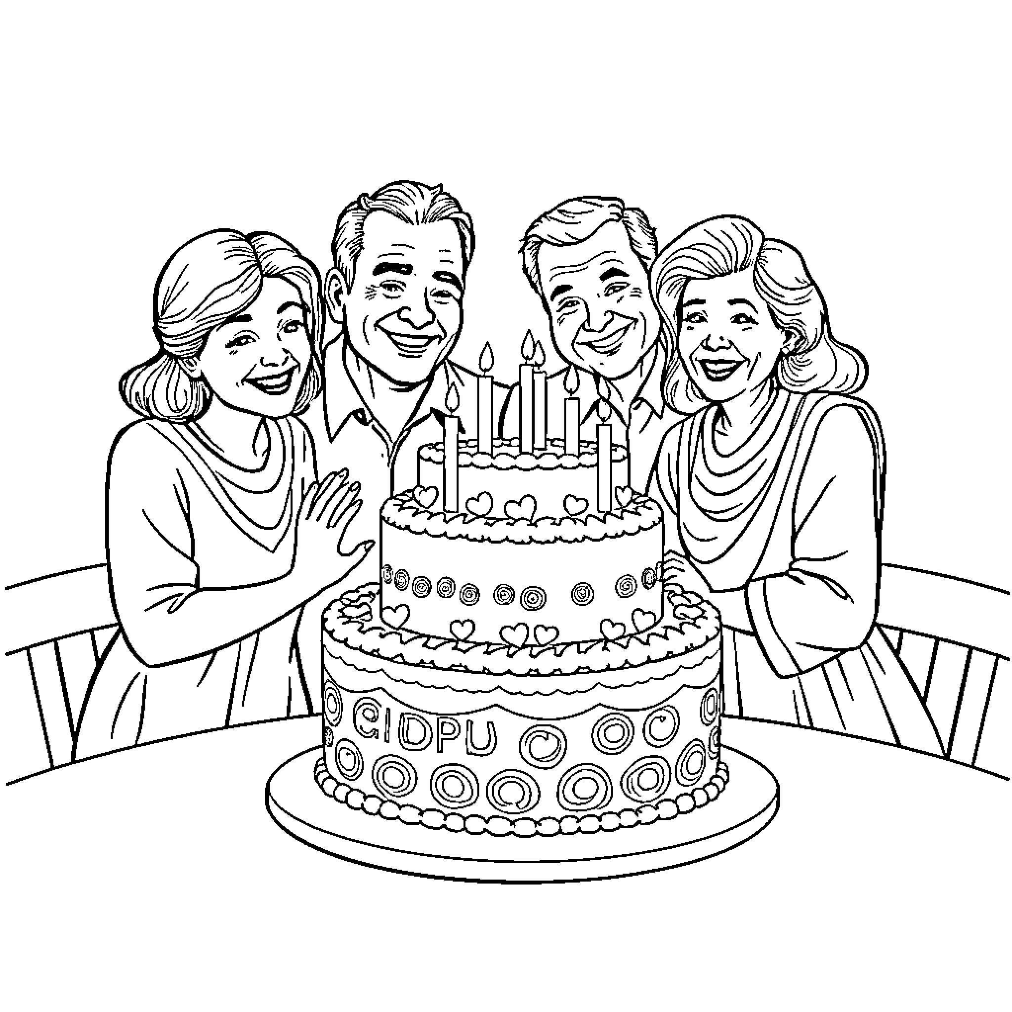 Family Celebrating Birthday Together Coloring Page (free black-and-white line drawing printable PDF for all, from beginners to advanced learners, including children, teens, adults, and seniors)