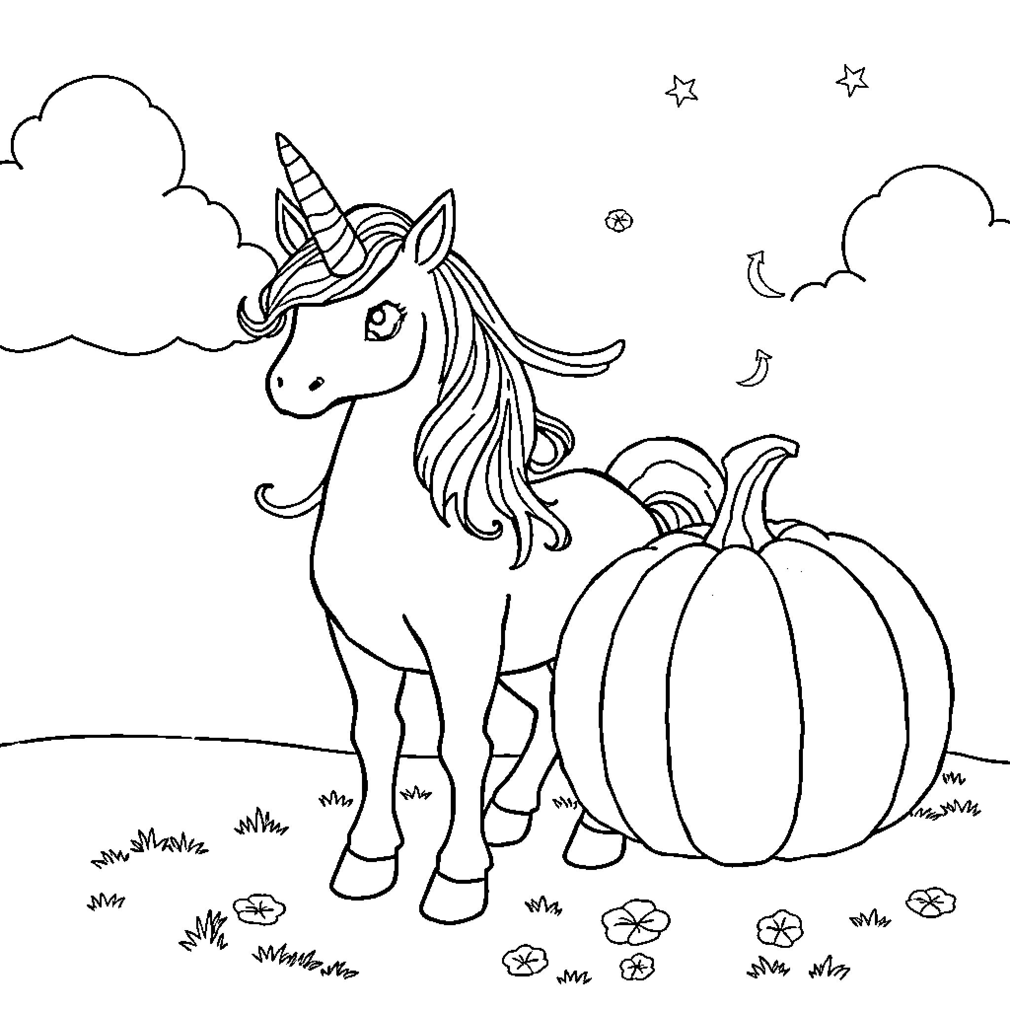 Unicorn with pumpkin in enchanting autumn landscape Coloring Page (free black-and-white line drawing printable PDF for all, from beginners to advanced learners, including children, teens, adults, and seniors)