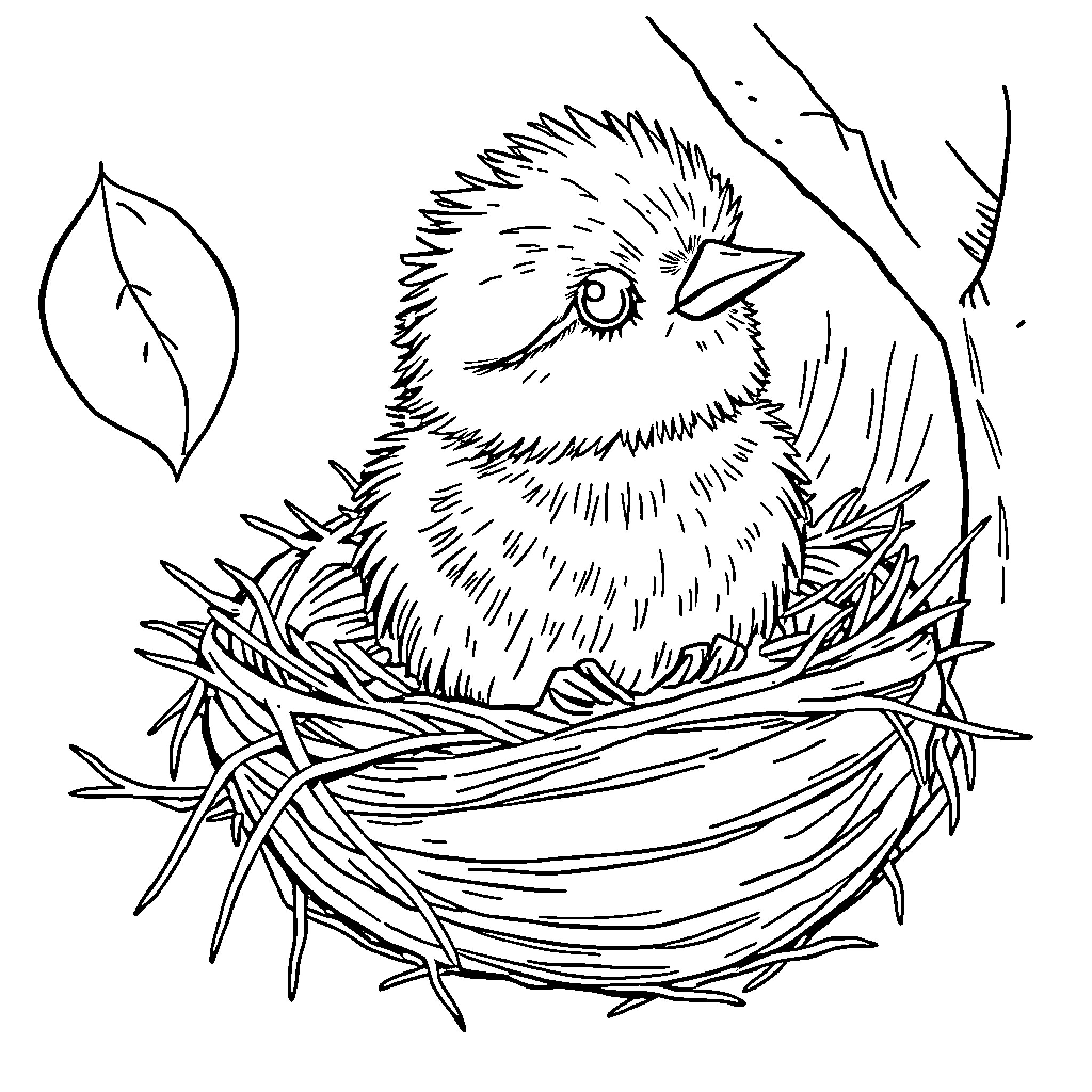 Chick nesting in cozy grass nest Coloring Page (free black-and-white line drawing printable PDF for all, from beginners to advanced learners, including children, teens, adults, and seniors)