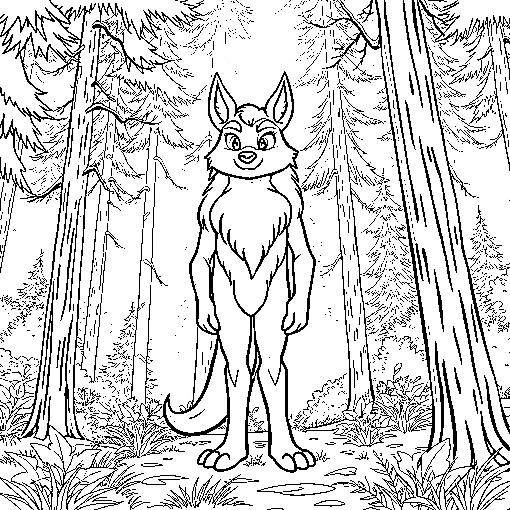 Huntrix in the Enchanted Forest Coloring Page (free black-and-white line drawing printable PDF for all, from beginners to advanced learners, including children, teens, adults, and seniors)