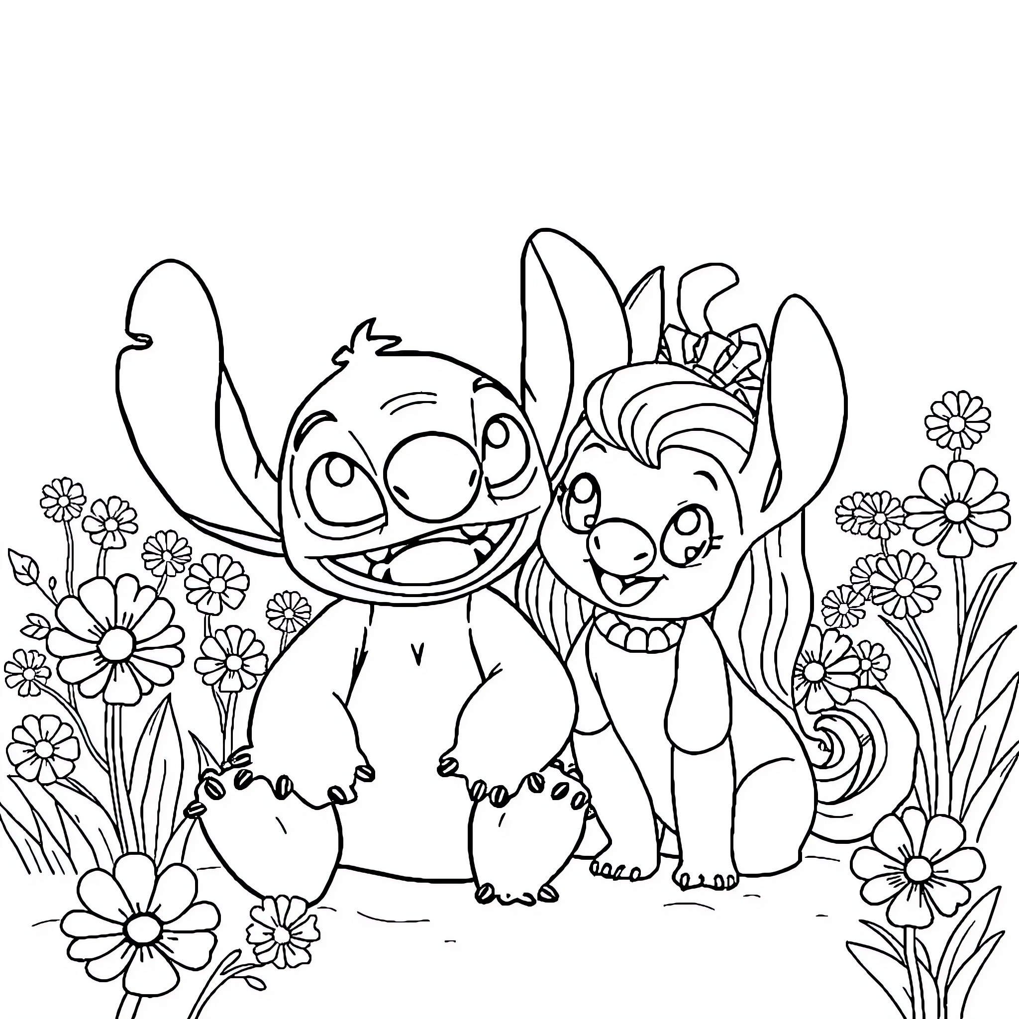 Stitch and Angel playing among flowers Coloring Page (free black-and-white line drawing printable PDF for all, from beginners to advanced learners, including children, teens, adults, and seniors)