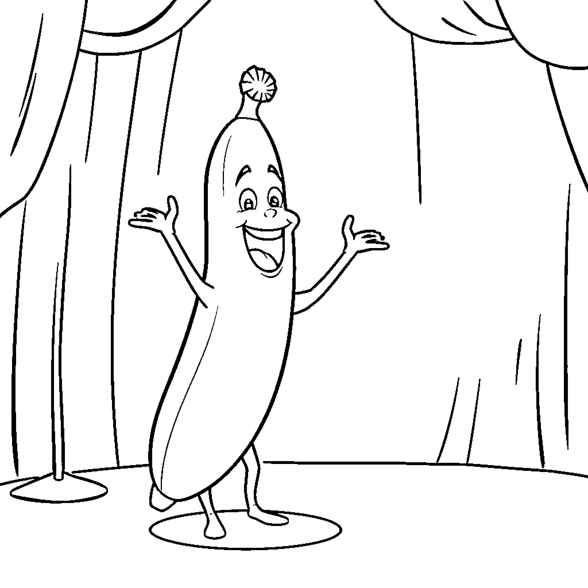 Banana performing on stage with enthusiasm Coloring Page (free black-and-white line drawing printable PDF for all, from beginners to advanced learners, including children, teens, adults, and seniors)