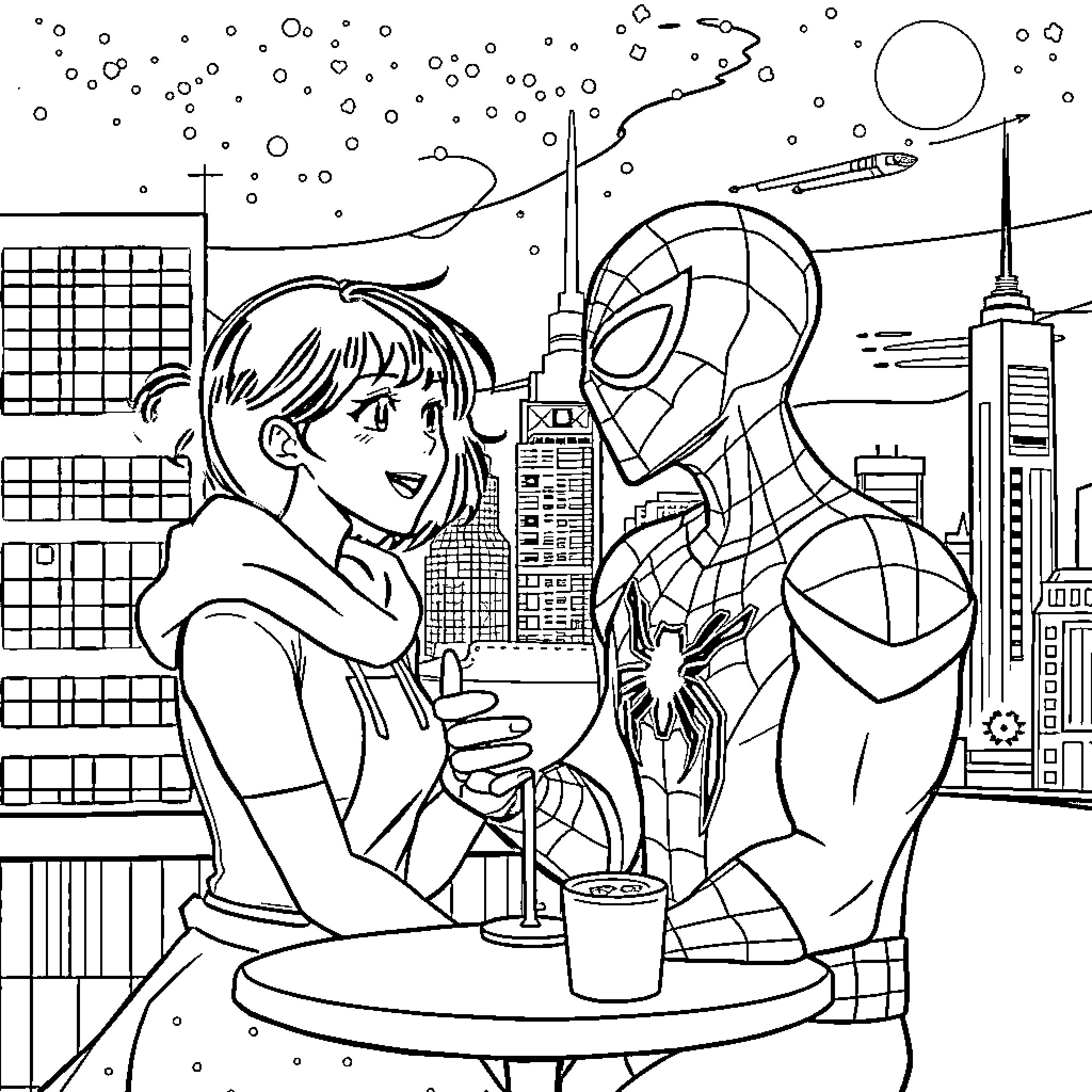 Naoto's Friendly Encounter with the Masked Hero Coloring Page (free black-and-white line drawing printable PDF for all, from beginners to advanced learners, including children, teens, adults, and seniors)