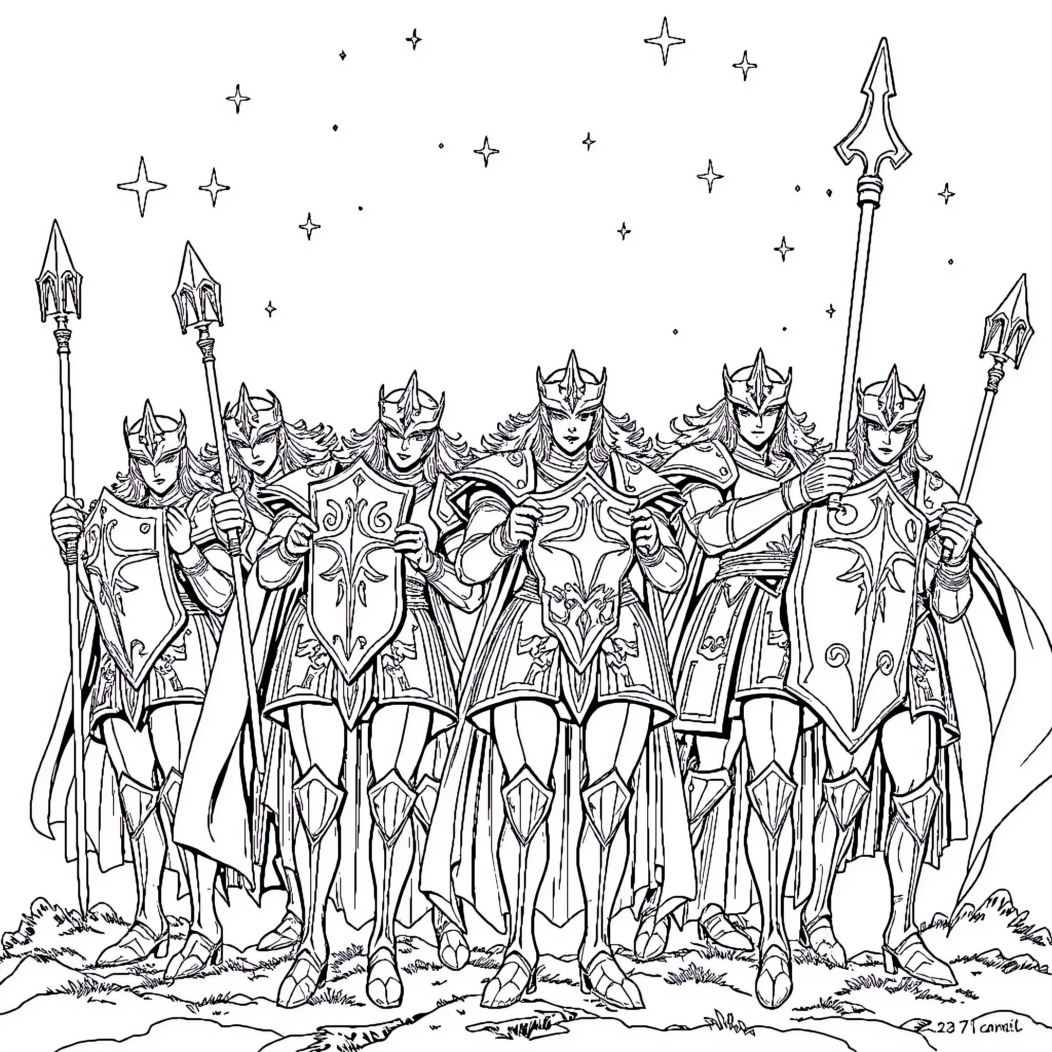 Gold Saints in Heroic Stance Coloring Page (free black-and-white line drawing printable PDF for all, from beginners to advanced learners, including children, teens, adults, and seniors)