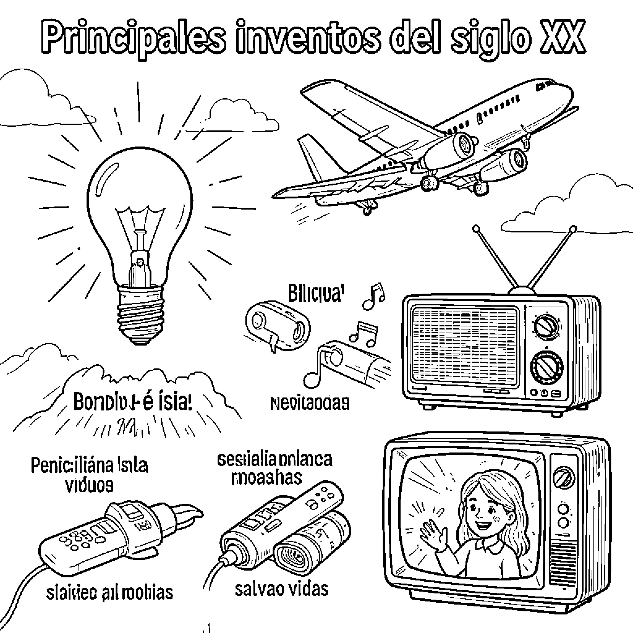 Invention of 20th century's key innovations Coloring Page (free black-and-white line drawing printable PDF for all, from beginners to advanced learners, including children, teens, adults, and seniors)