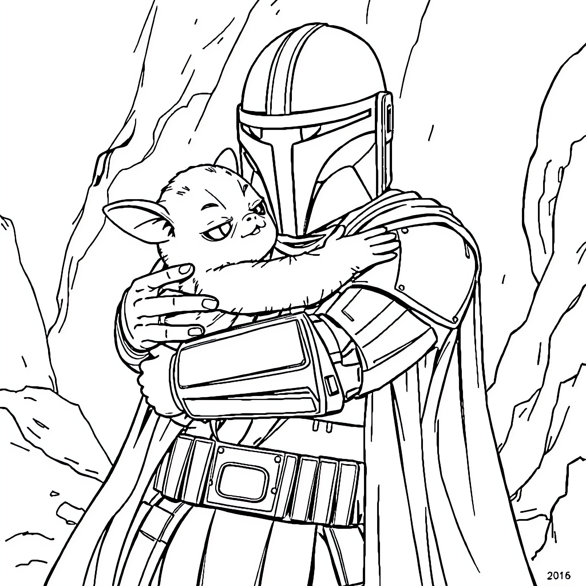 Grogu's Comforting Embrace with Mandalorian Coloring Page (free black-and-white line drawing printable PDF for all, from beginners to advanced learners, including children, teens, adults, and seniors)