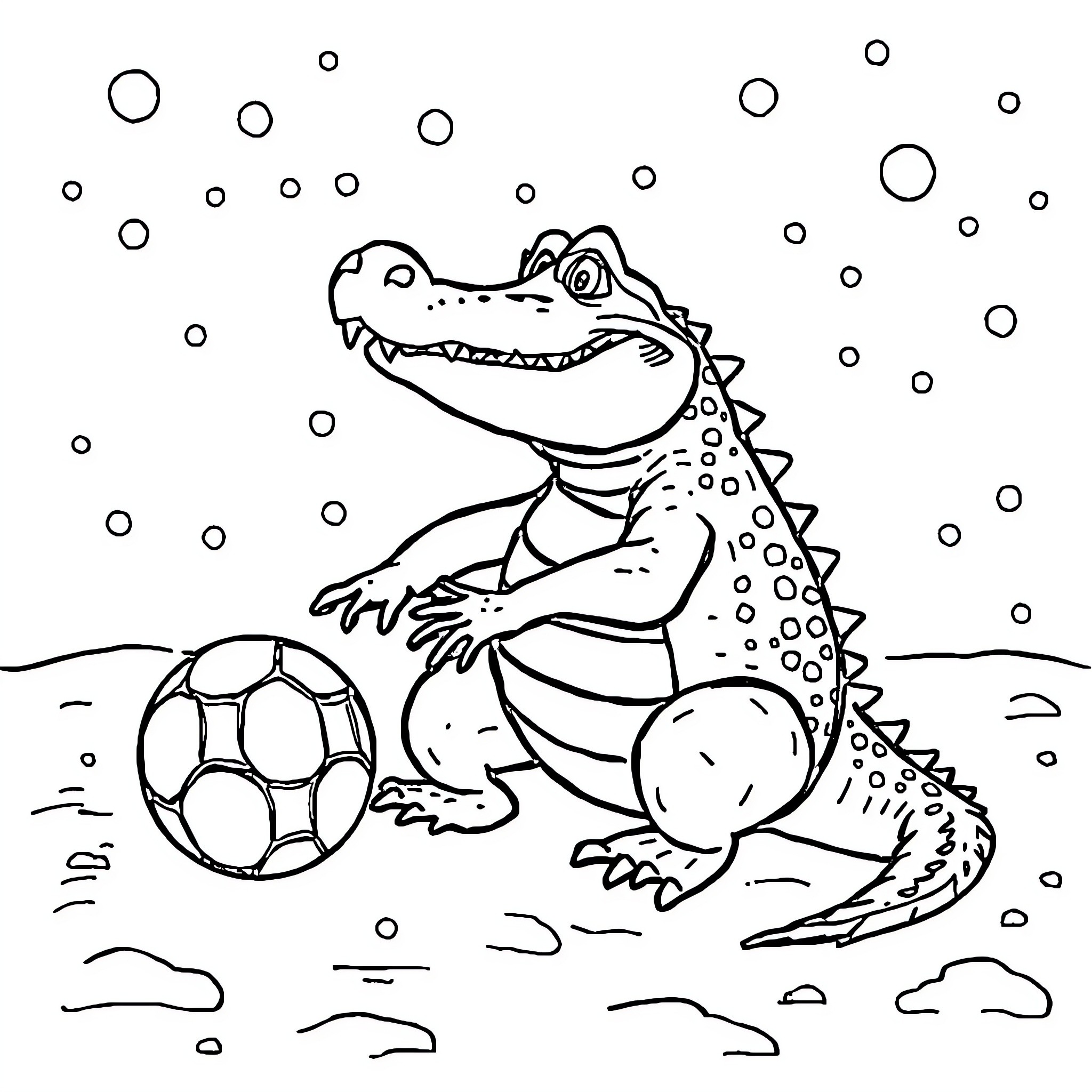 Crocodile playing with soccer ball in the snow Coloring Page (free black-and-white line drawing printable PDF for all, from beginners to advanced learners, including children, teens, adults, and seniors)