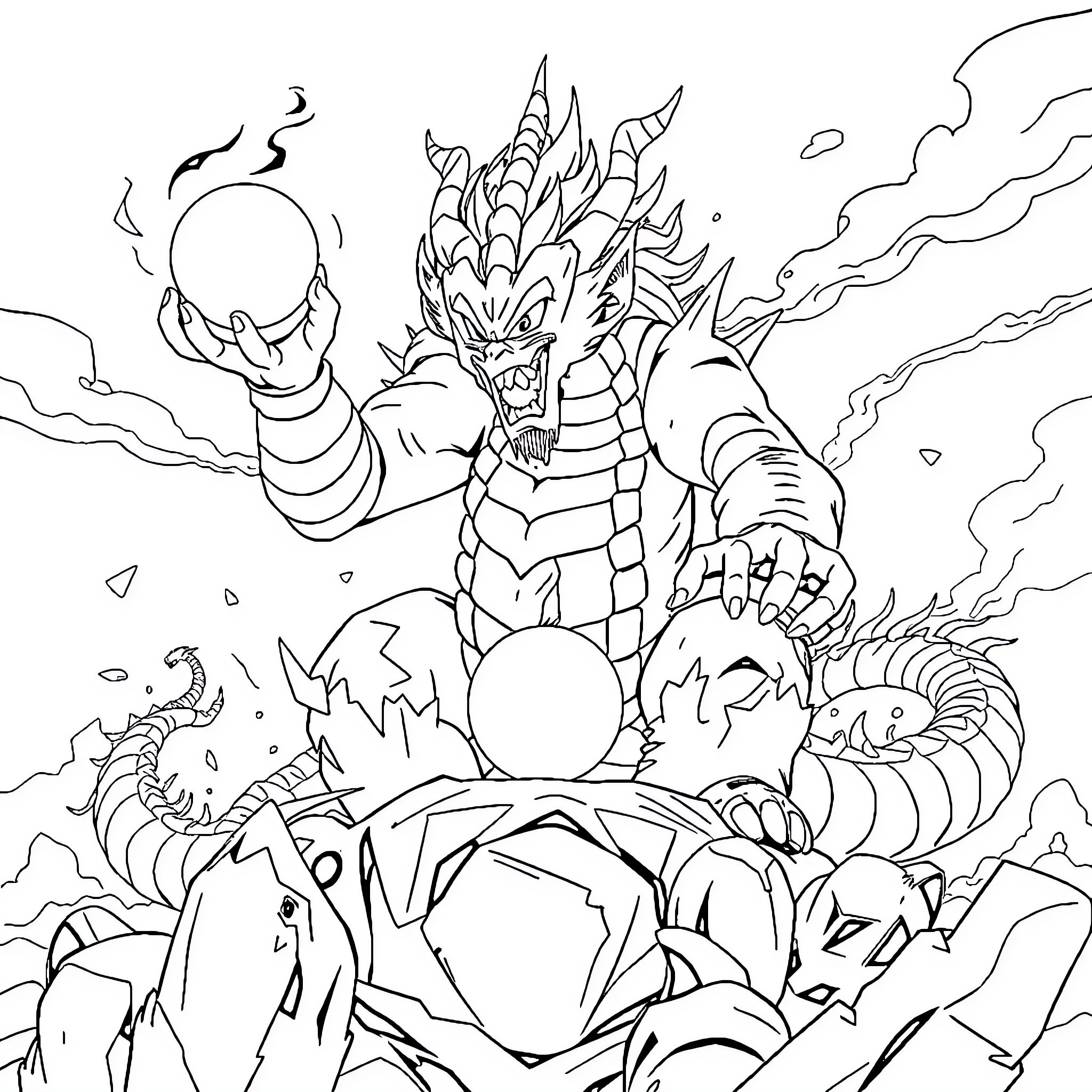 Dragon Unleashing Fiery Wrath Amidst Destruction Coloring Page (free black-and-white line drawing printable PDF for all, from beginners to advanced learners, including children, teens, adults, and seniors)