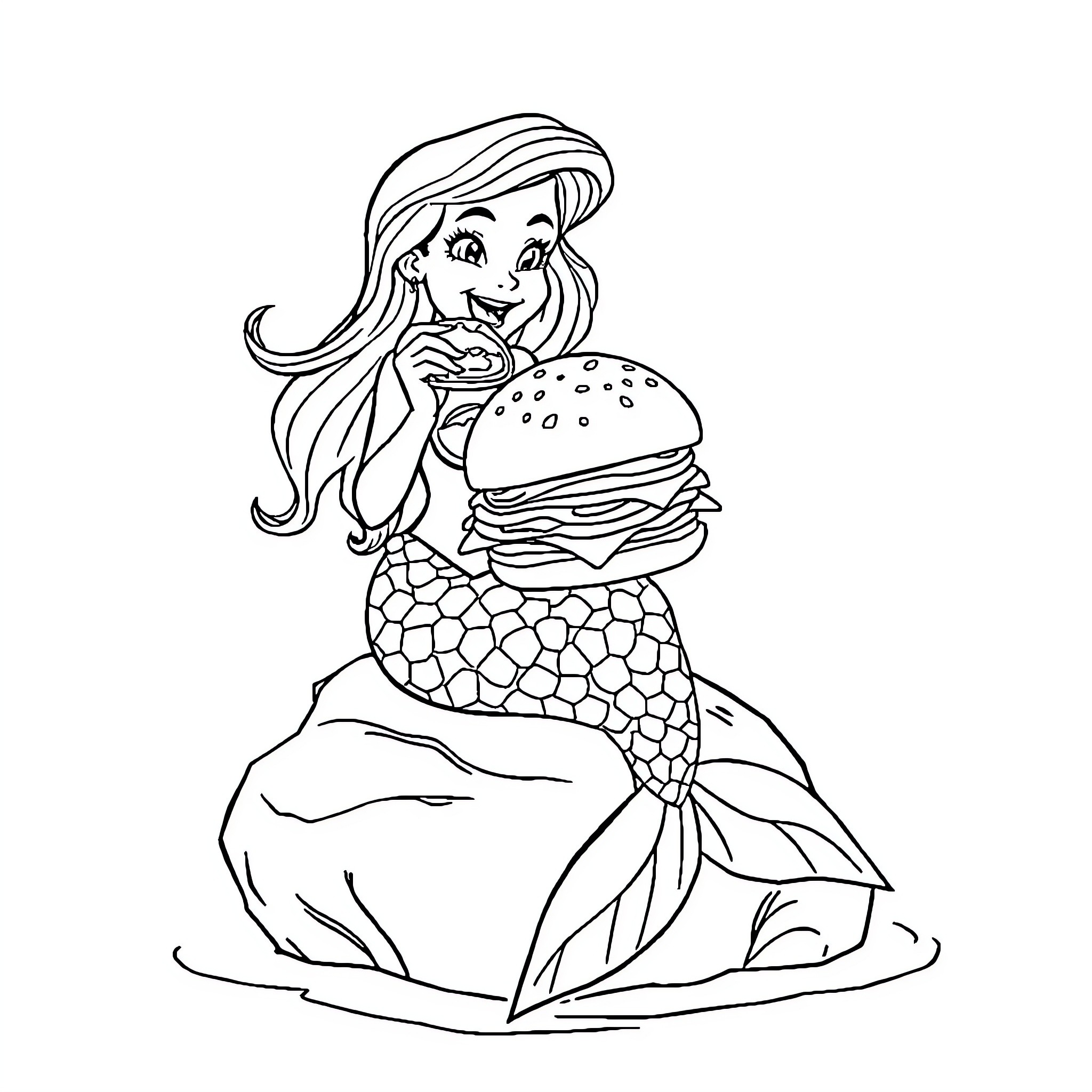 Mermaid enjoying a tasty burger Coloring Page (free black-and-white line drawing printable PDF for all, from beginners to advanced learners, including children, teens, adults, and seniors)