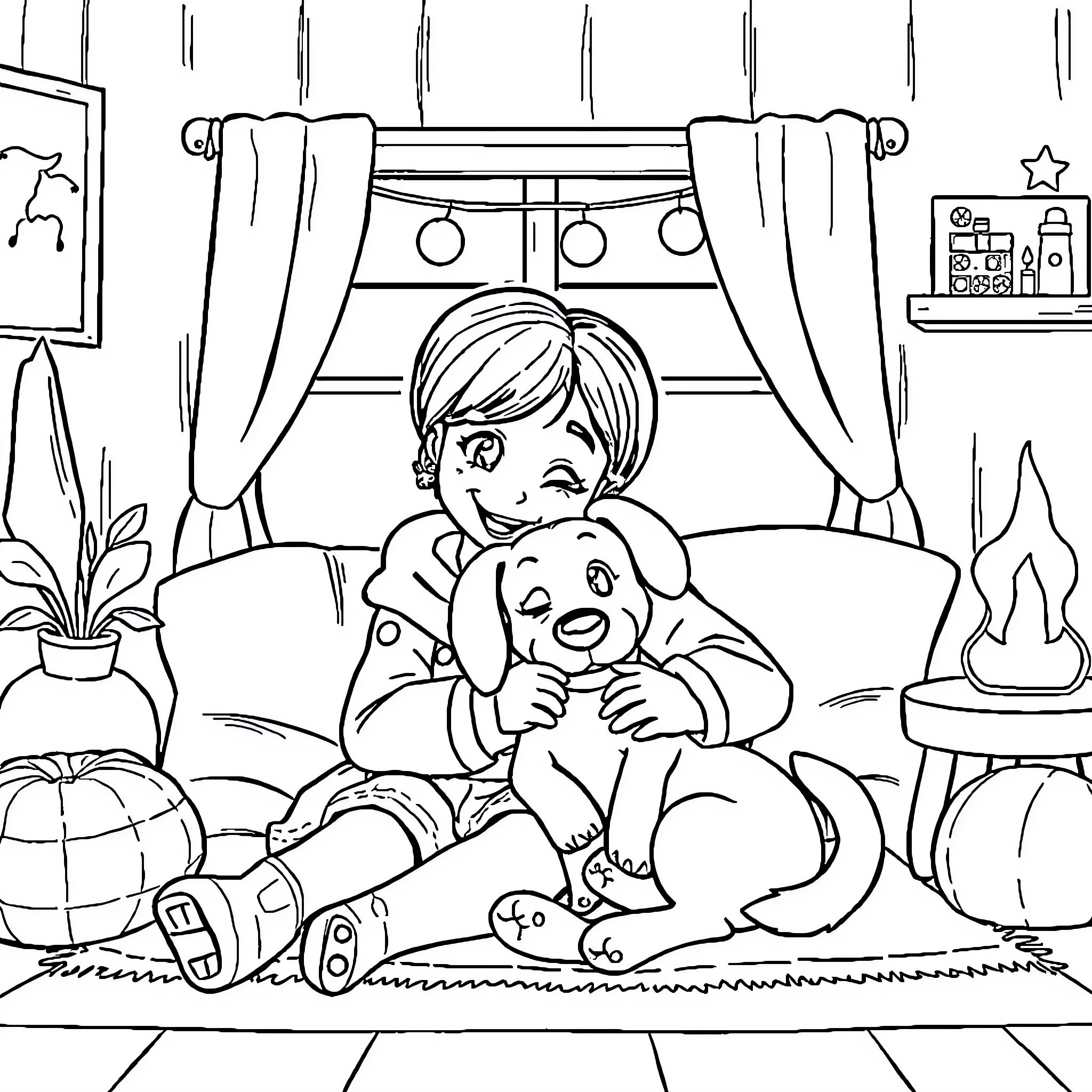 Anya playing happily with her stuffed animal in the room Coloring Page (free black-and-white line drawing printable PDF for all, from beginners to advanced learners, including children, teens, adults, and seniors)
