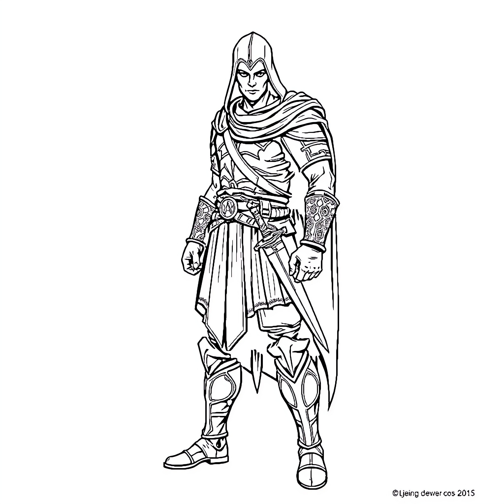 Ezio Auditore in Action-Packed Assassin's Creed Attire Coloring Page (free black-and-white line drawing printable PDF for all, from beginners to advanced learners, including children, teens, adults, and seniors)