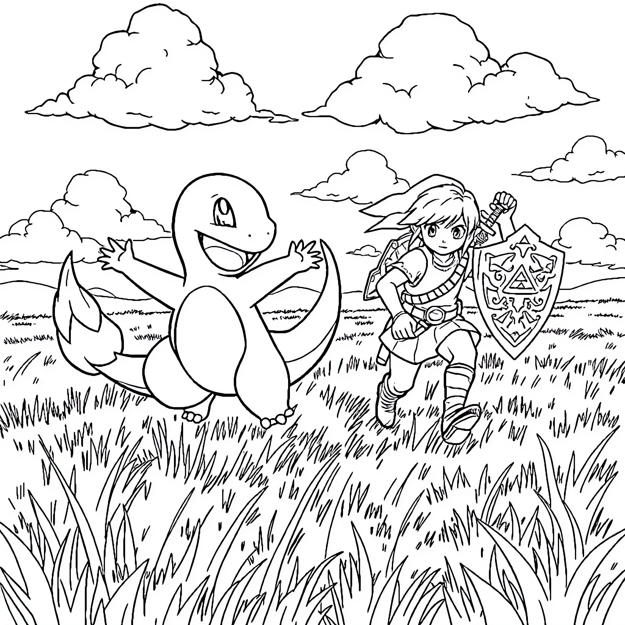 Charmander and Link exploring the grassy field Coloring Page (free black-and-white line drawing printable PDF for all, from beginners to advanced learners, including children, teens, adults, and seniors)