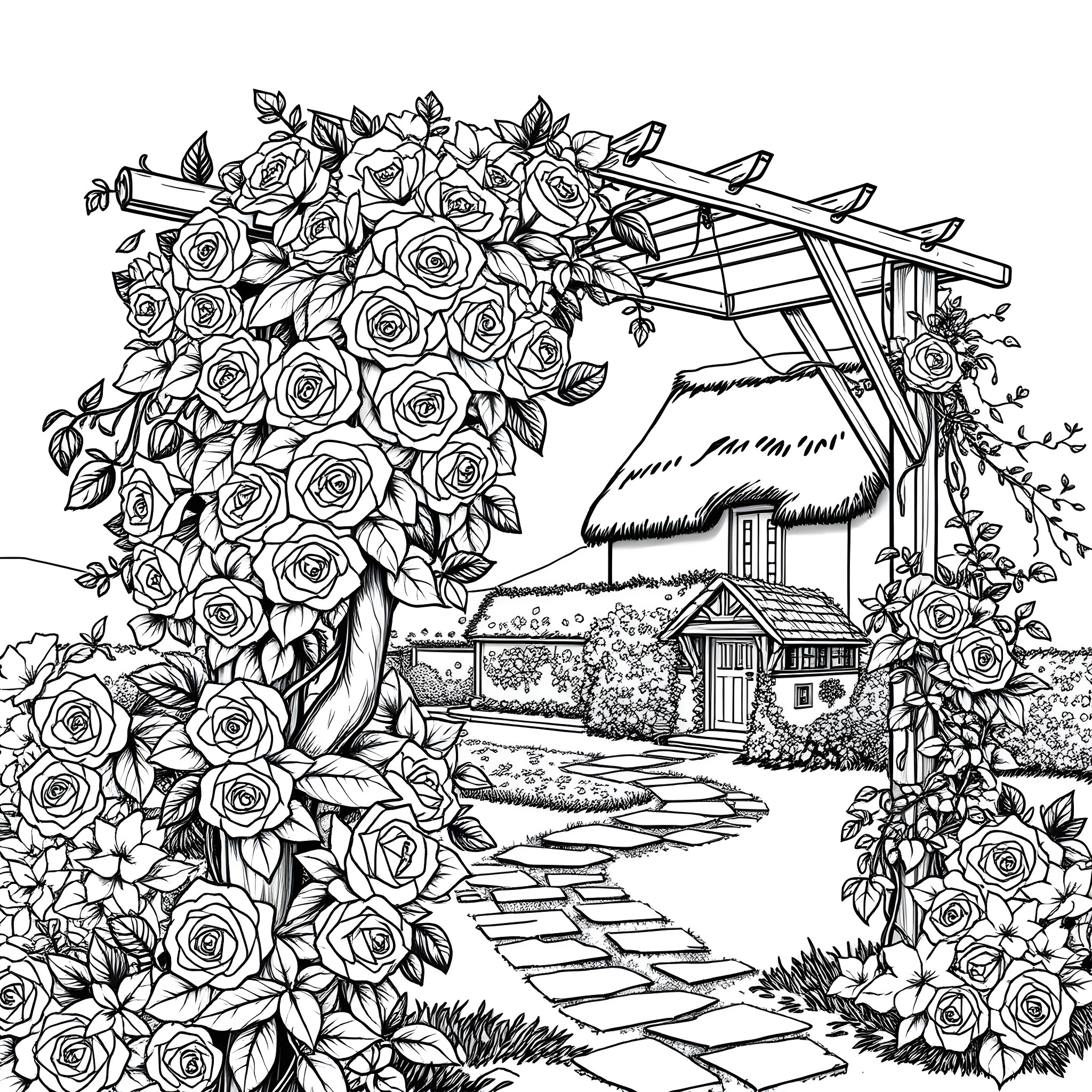 Rose Garden Path to Rustic Cottage Coloring Page (free black-and-white line drawing printable PDF for all, from beginners to advanced learners, including children, teens, adults, and seniors)