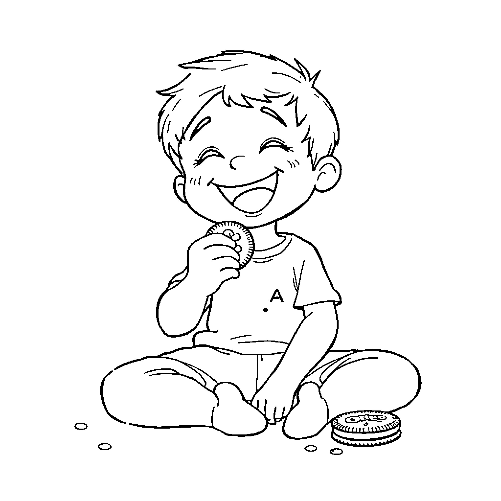 Kid joyfully eating cookies Coloring Page (free black-and-white line drawing printable PDF for all, from beginners to advanced learners, including children, teens, adults, and seniors)