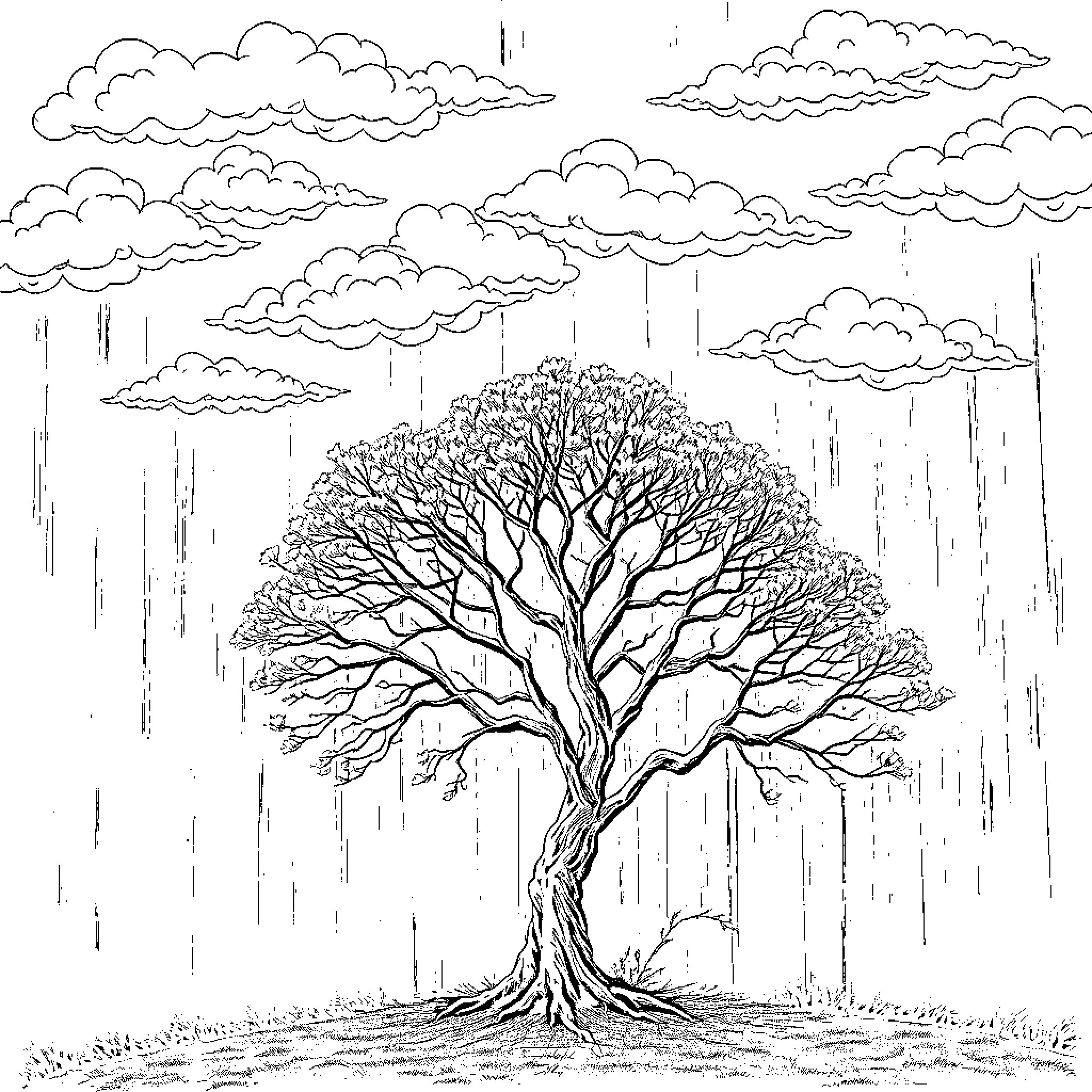 Tree standing in rain under cloudy sky Coloring Page (free black-and-white line drawing printable PDF for all, from beginners to advanced learners, including children, teens, adults, and seniors)