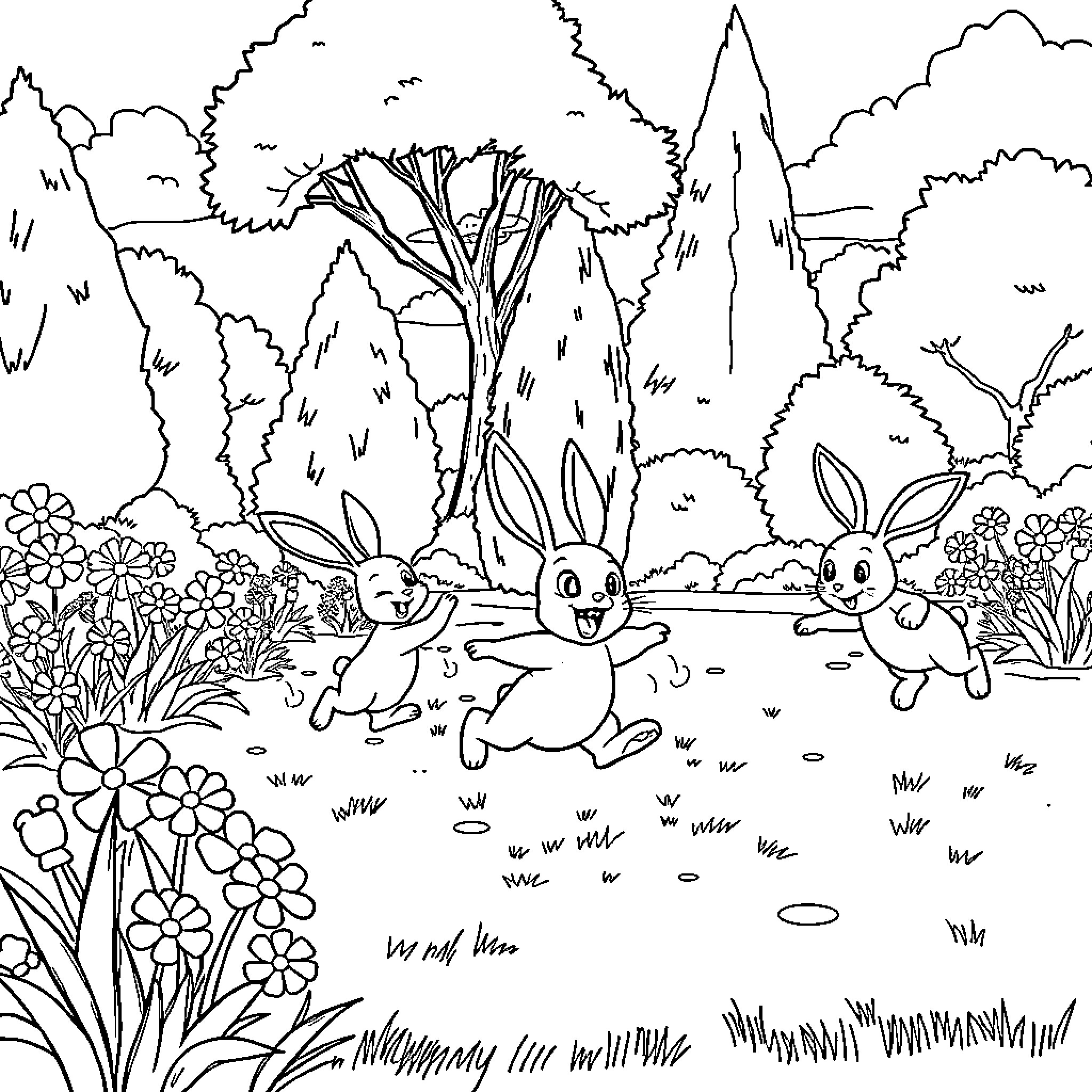 Bunny Friends Playing in Flowery Forest Coloring Page (free black-and-white line drawing printable PDF for all, from beginners to advanced learners, including children, teens, adults, and seniors)