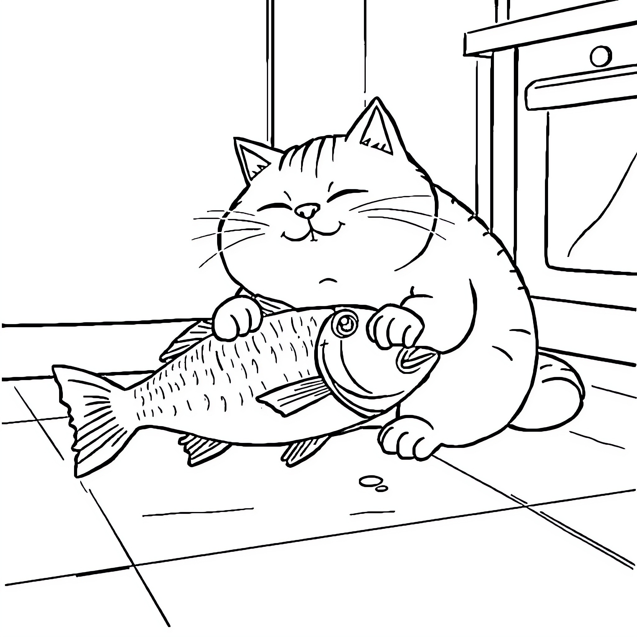 Cat Playing with a Fish Coloring Page (free black-and-white line drawing printable PDF for all, from beginners to advanced learners, including children, teens, adults, and seniors)