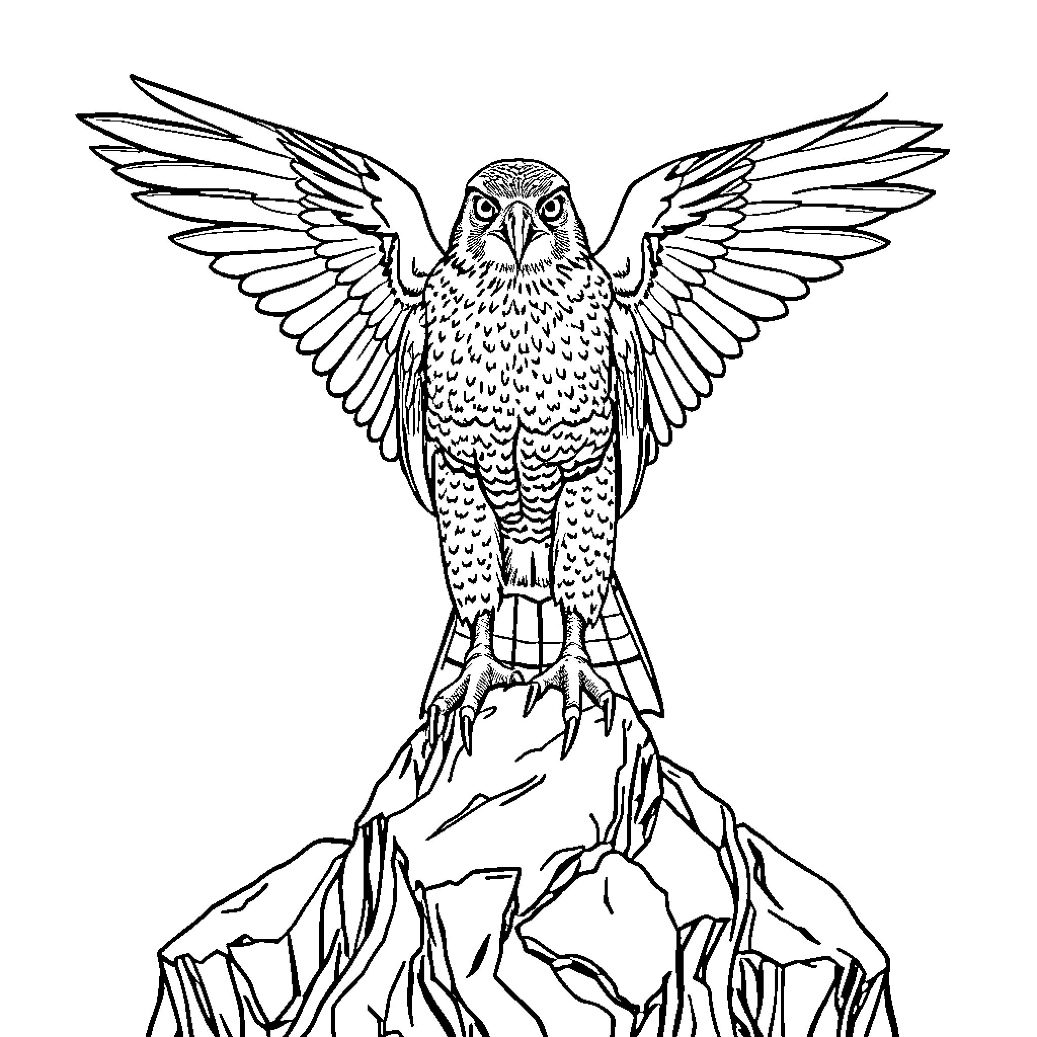 Falcon spreading wings on rocky cliff Coloring Page (free black-and-white line drawing printable PDF for all, from beginners to advanced learners, including children, teens, adults, and seniors)