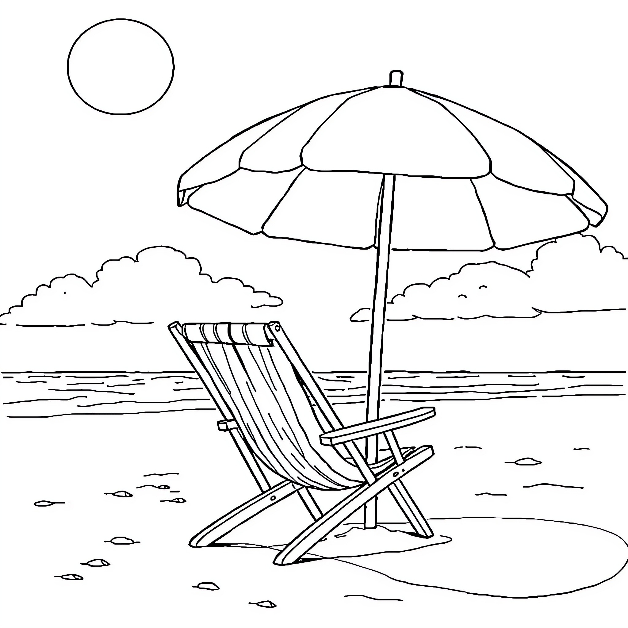 Beach scene with umbrella and lounge chair Coloring Page (free black-and-white line drawing printable PDF for all, from beginners to advanced learners, including children, teens, adults, and seniors)