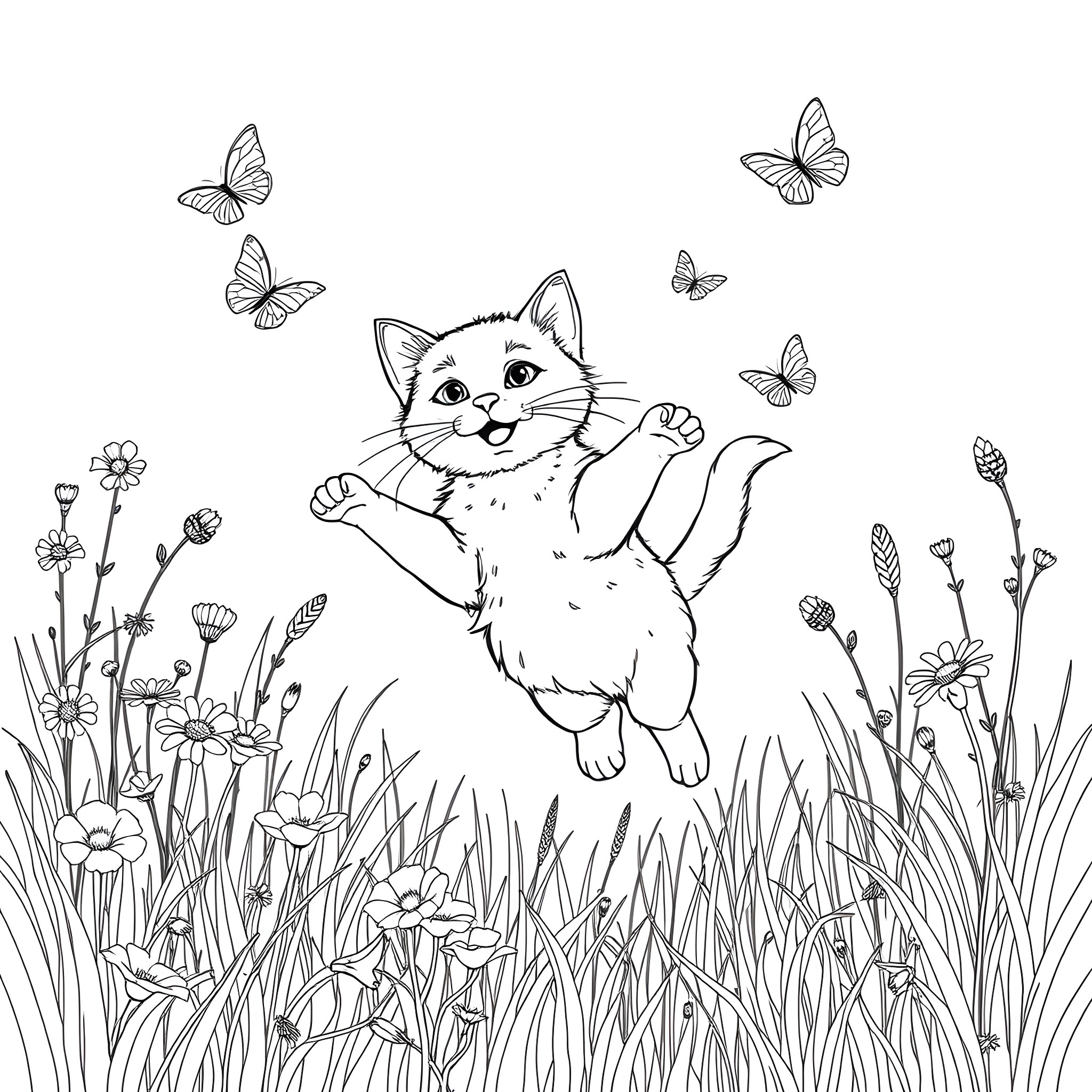 Kitty playing happily with butterflies in the garden Coloring Page (free black-and-white line drawing printable PDF for all, from beginners to advanced learners, including children, teens, adults, and seniors)