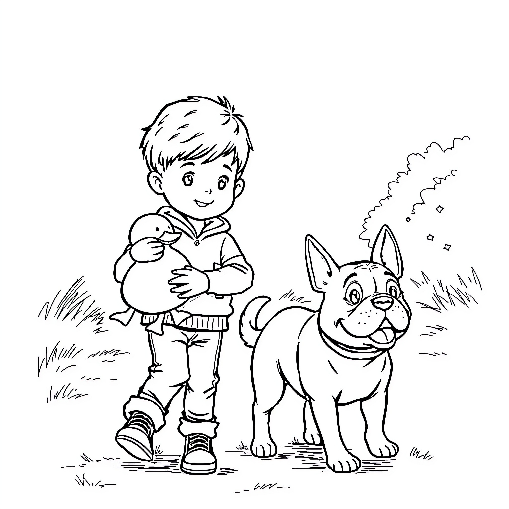 Boy playing with his pet dog outdoors Coloring Page (free black-and-white line drawing printable PDF for all, from beginners to advanced learners, including children, teens, adults, and seniors)