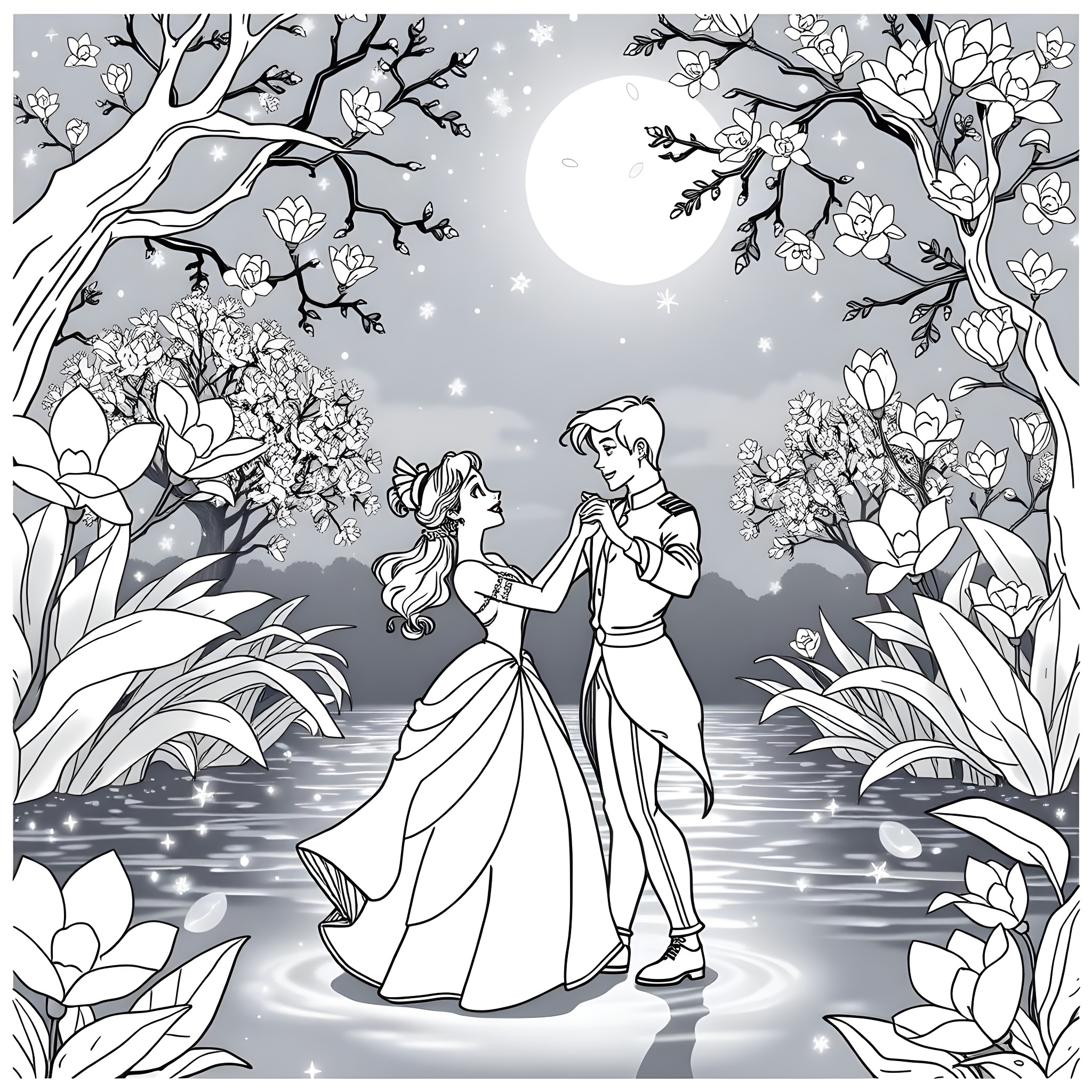 Tiana and her prince dancing under the moonlight Coloring Page (free black-and-white line drawing printable PDF for all, from beginners to advanced learners, including children, teens, adults, and seniors)