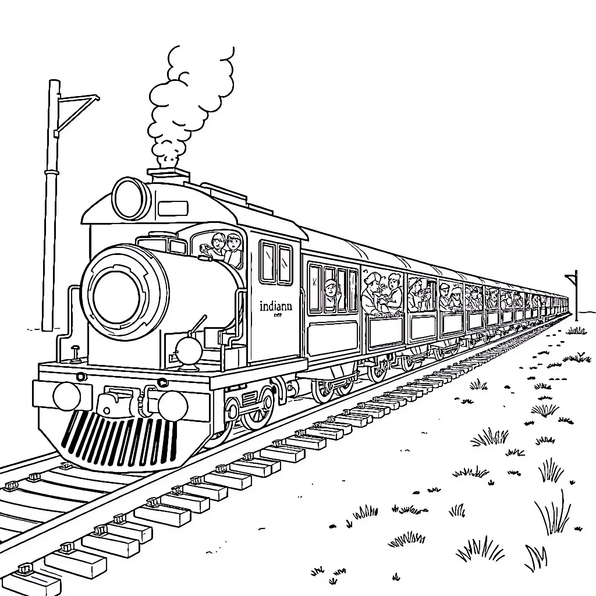 Train Carrying Passengers Through Countryside Landscape Coloring Page (free black-and-white line drawing printable PDF for all, from beginners to advanced learners, including children, teens, adults, and seniors)