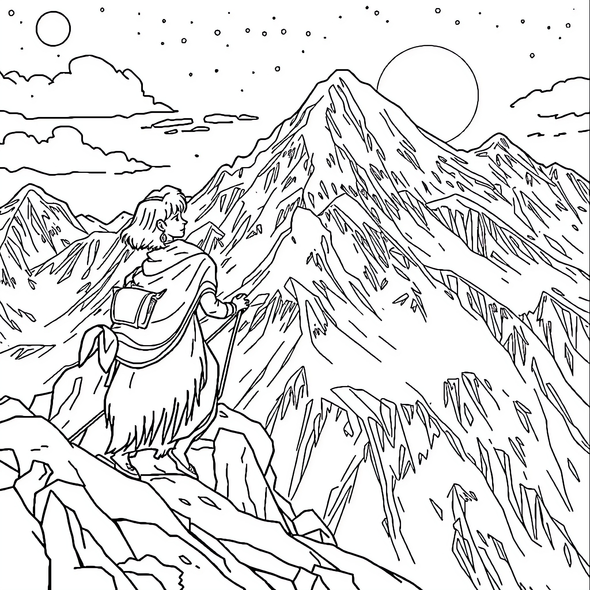 Snow Queen exploring the majestic mountain landscape Coloring Page (free black-and-white line drawing printable PDF for all, from beginners to advanced learners, including children, teens, adults, and seniors)