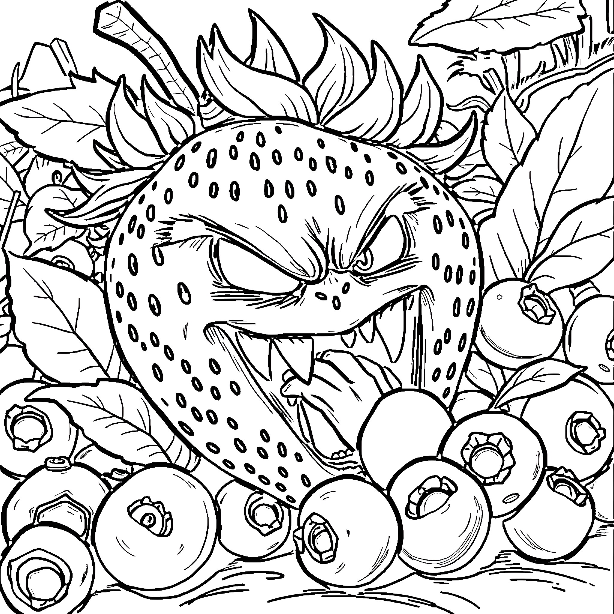 Strawberry monster among forest foliage Coloring Page (free black-and-white line drawing printable PDF for all, from beginners to advanced learners, including children, teens, adults, and seniors)