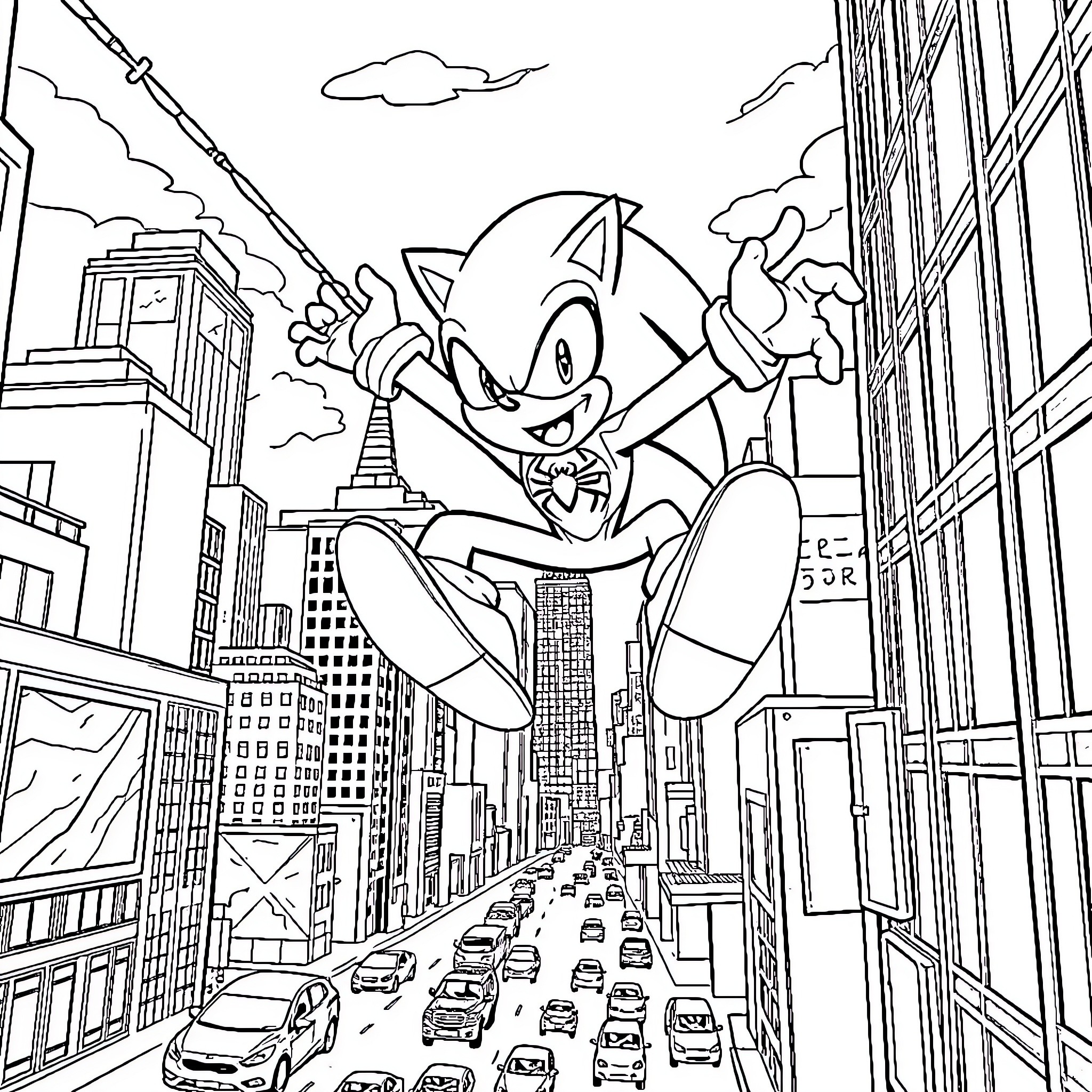 Sonic the Hedgehog's Speedy Adventure in the City Coloring Page (free black-and-white line drawing printable PDF for all, from beginners to advanced learners, including children, teens, adults, and seniors)