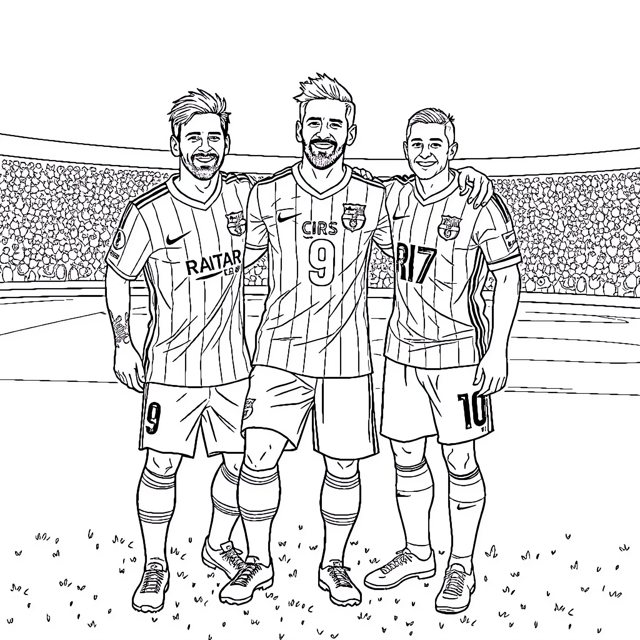 Soccer Players Celebrating Victory on the Field Coloring Page (free black-and-white line drawing printable PDF for all, from beginners to advanced learners, including children, teens, adults, and seniors)