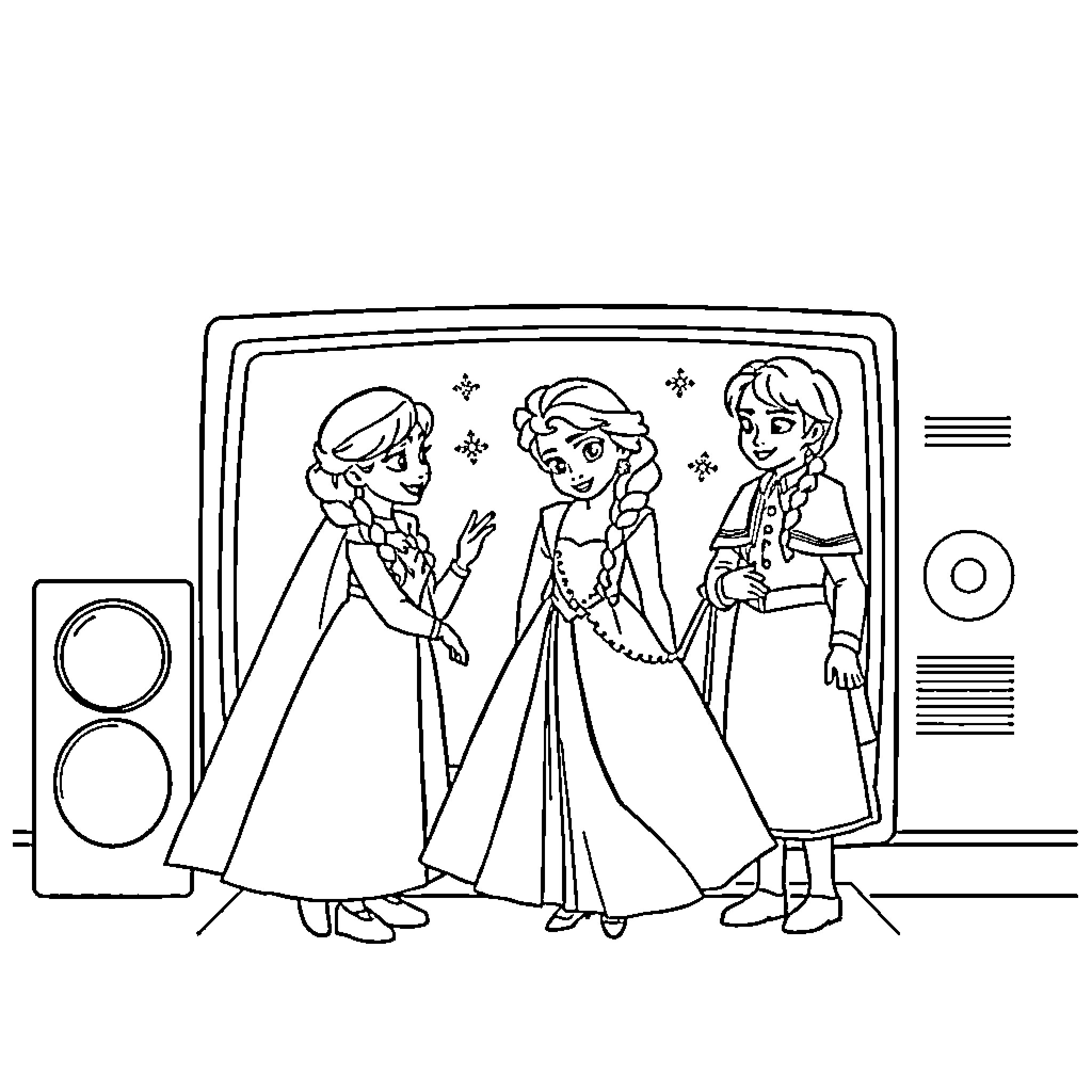 Frozen Characters Posing Together in Formal Attire Coloring Page (free black-and-white line drawing printable PDF for all, from beginners to advanced learners, including children, teens, adults, and seniors)