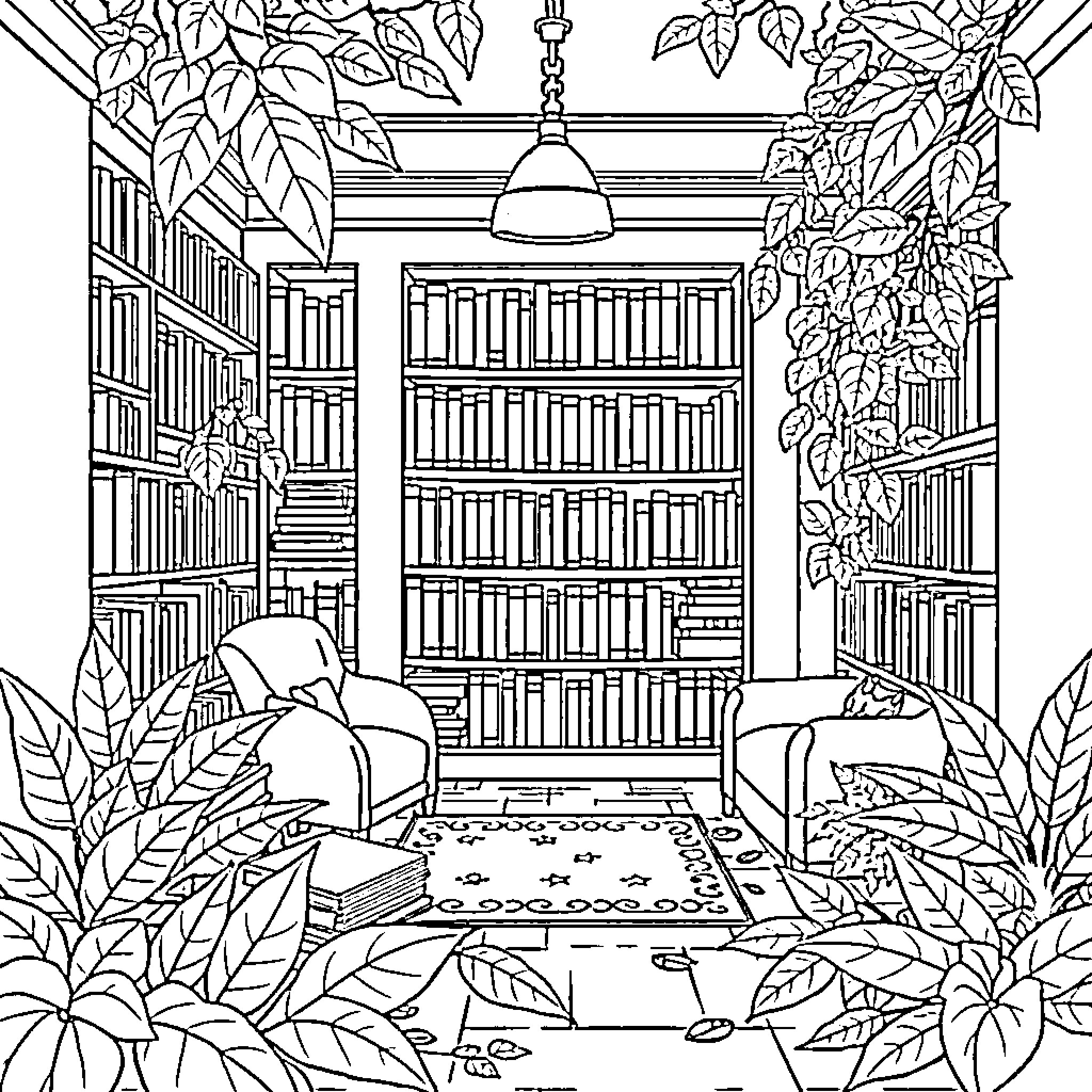 Library with Cozy Reading Nook and Lush Foliage Coloring Page (free black-and-white line drawing printable PDF for all, from beginners to advanced learners, including children, teens, adults, and seniors)