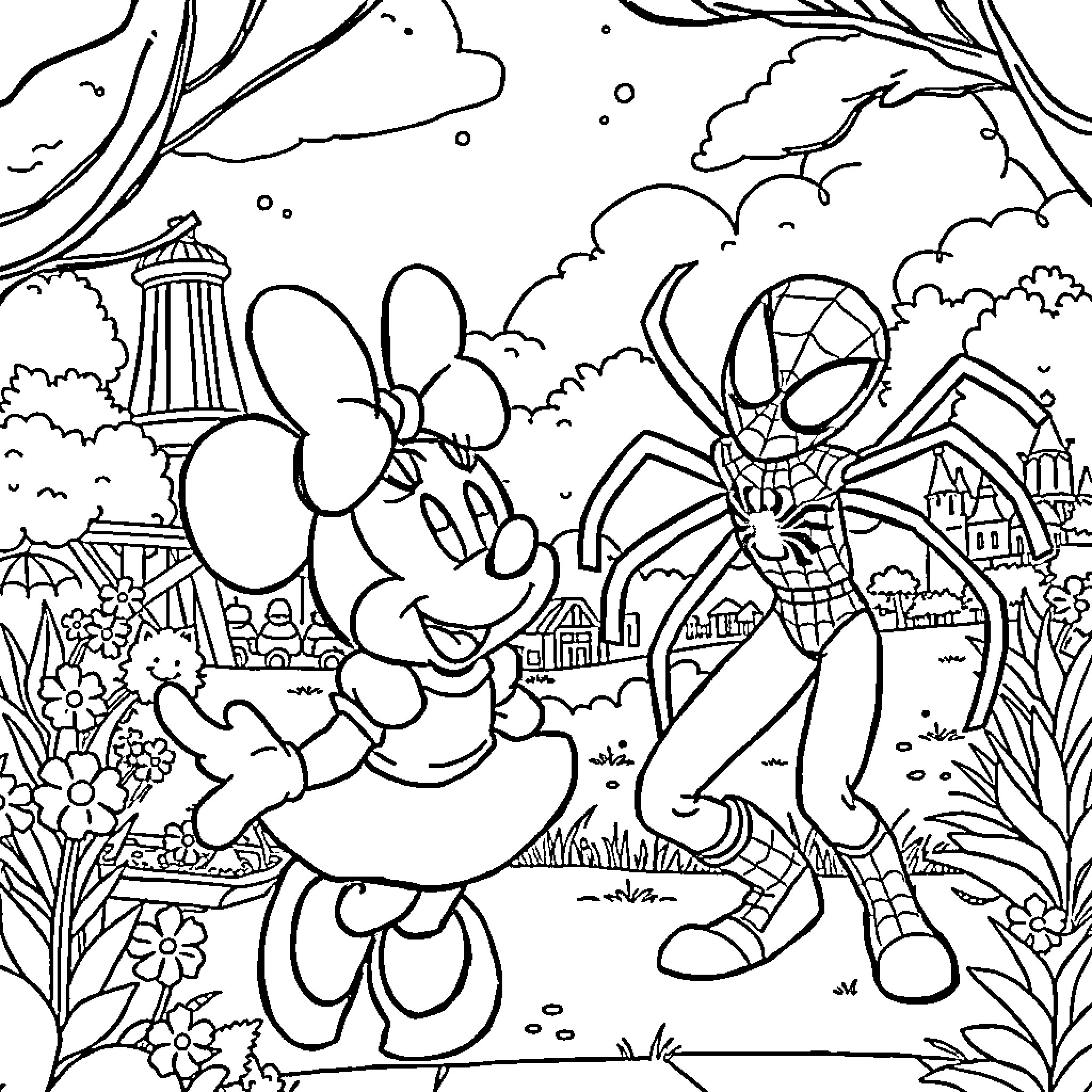 Minnie Mouse and Spiderman enjoying an adventure together Coloring Page (free black-and-white line drawing printable PDF for all, from beginners to advanced learners, including children, teens, adults, and seniors)