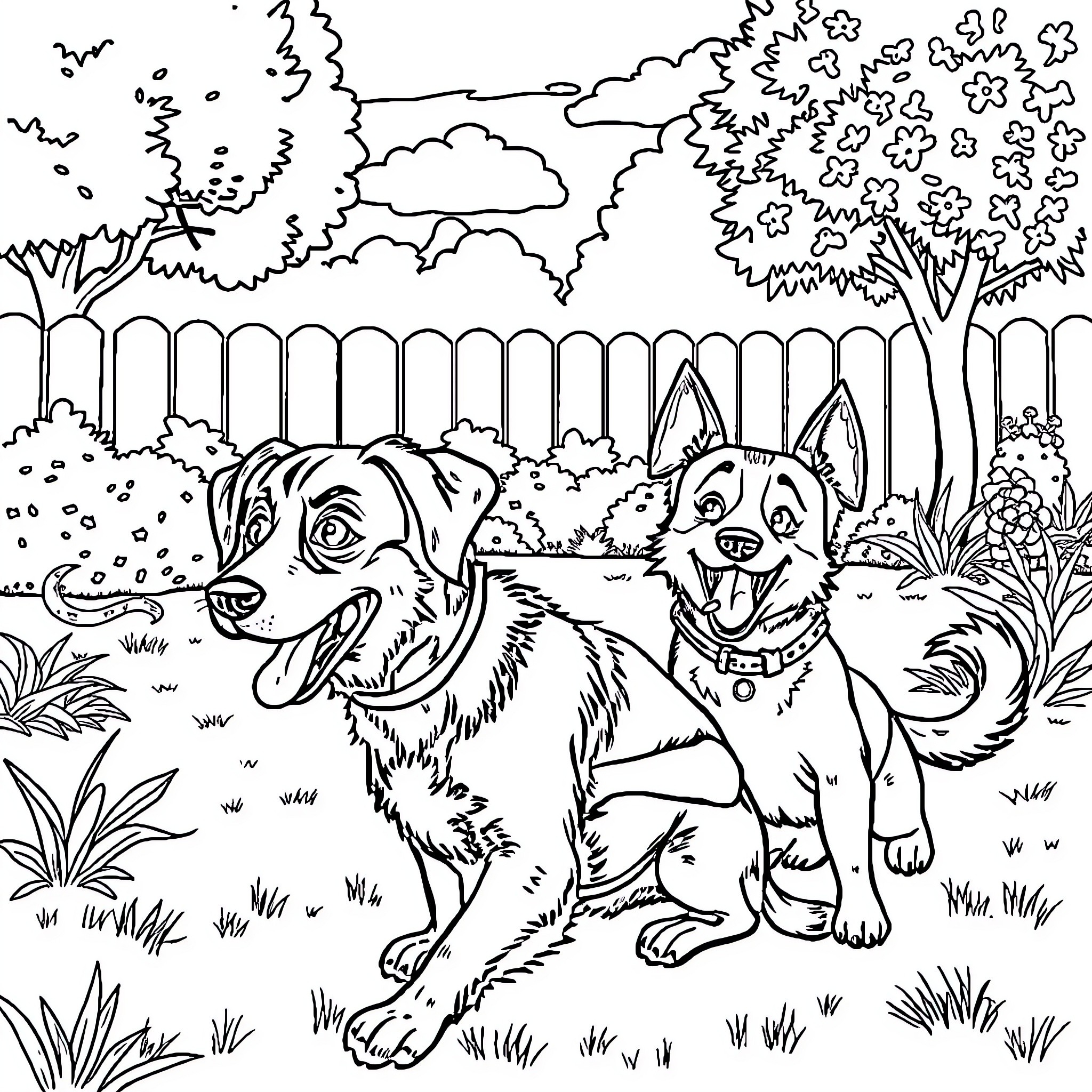 Dog companions in the backyard garden Coloring Page (free black-and-white line drawing printable PDF for all, from beginners to advanced learners, including children, teens, adults, and seniors)