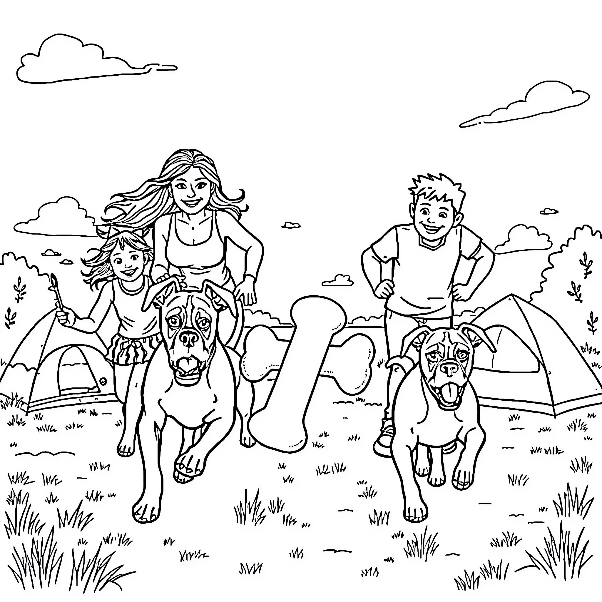 Boxer family camping with happy dogs in the outdoors Coloring Page (free black-and-white line drawing printable PDF for all, from beginners to advanced learners, including children, teens, adults, and seniors)