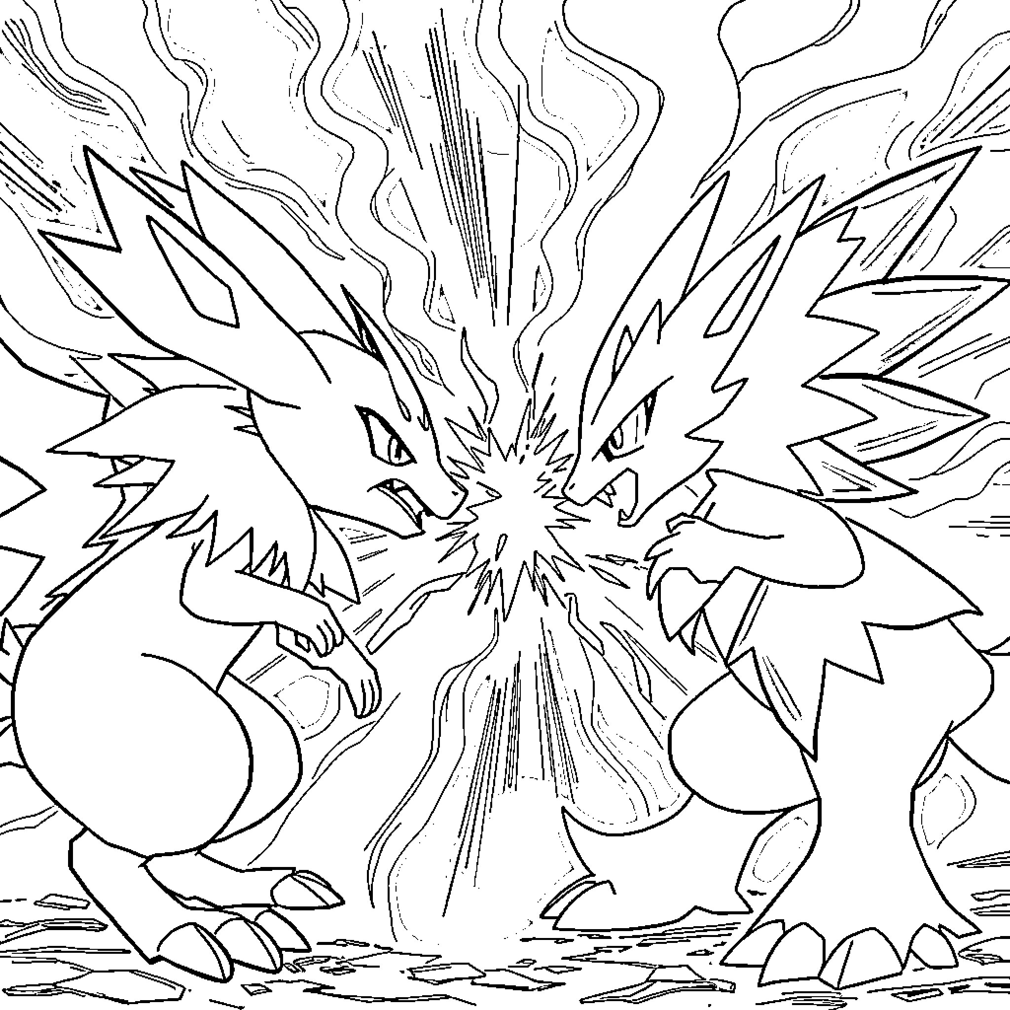 Lucario's Explosive Transformation Coloring Page (free black-and-white line drawing printable PDF for all, from beginners to advanced learners, including children, teens, adults, and seniors)