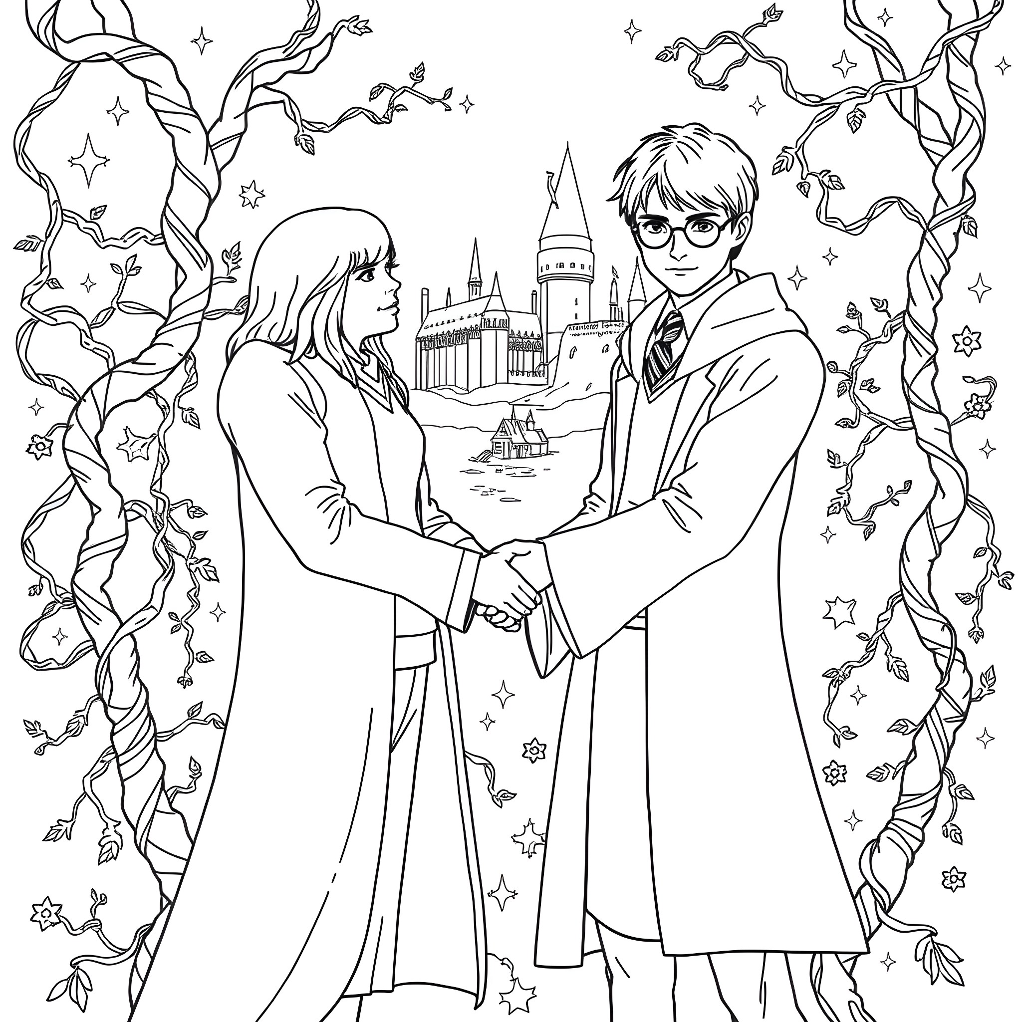 Brunson's Magical Embrace at Hogwarts Coloring Page (free black-and-white line drawing printable PDF for all, from beginners to advanced learners, including children, teens, adults, and seniors)