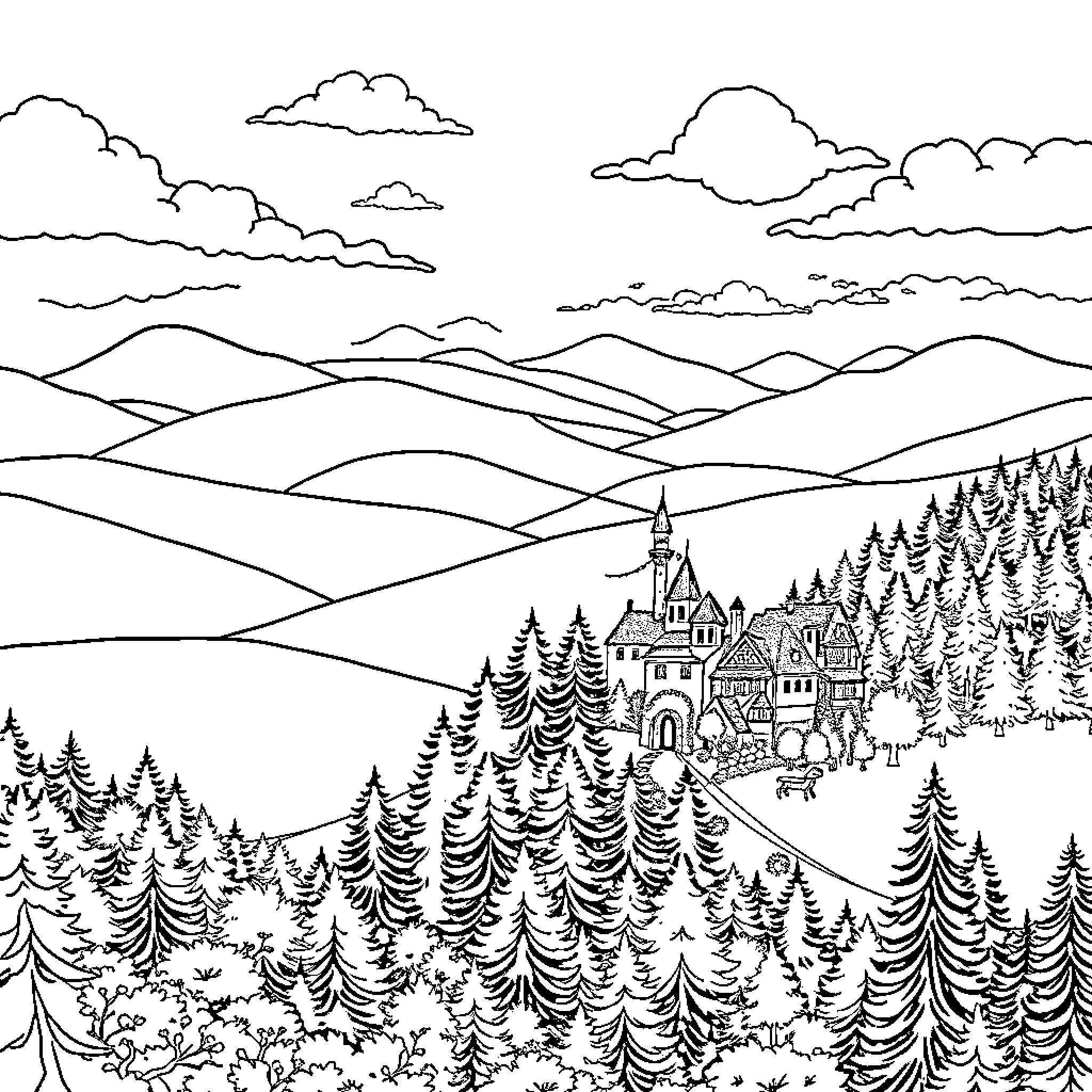 Landscape of a Mountainous Town with a Castle Coloring Page (free black-and-white line drawing printable PDF for all, from beginners to advanced learners, including children, teens, adults, and seniors)